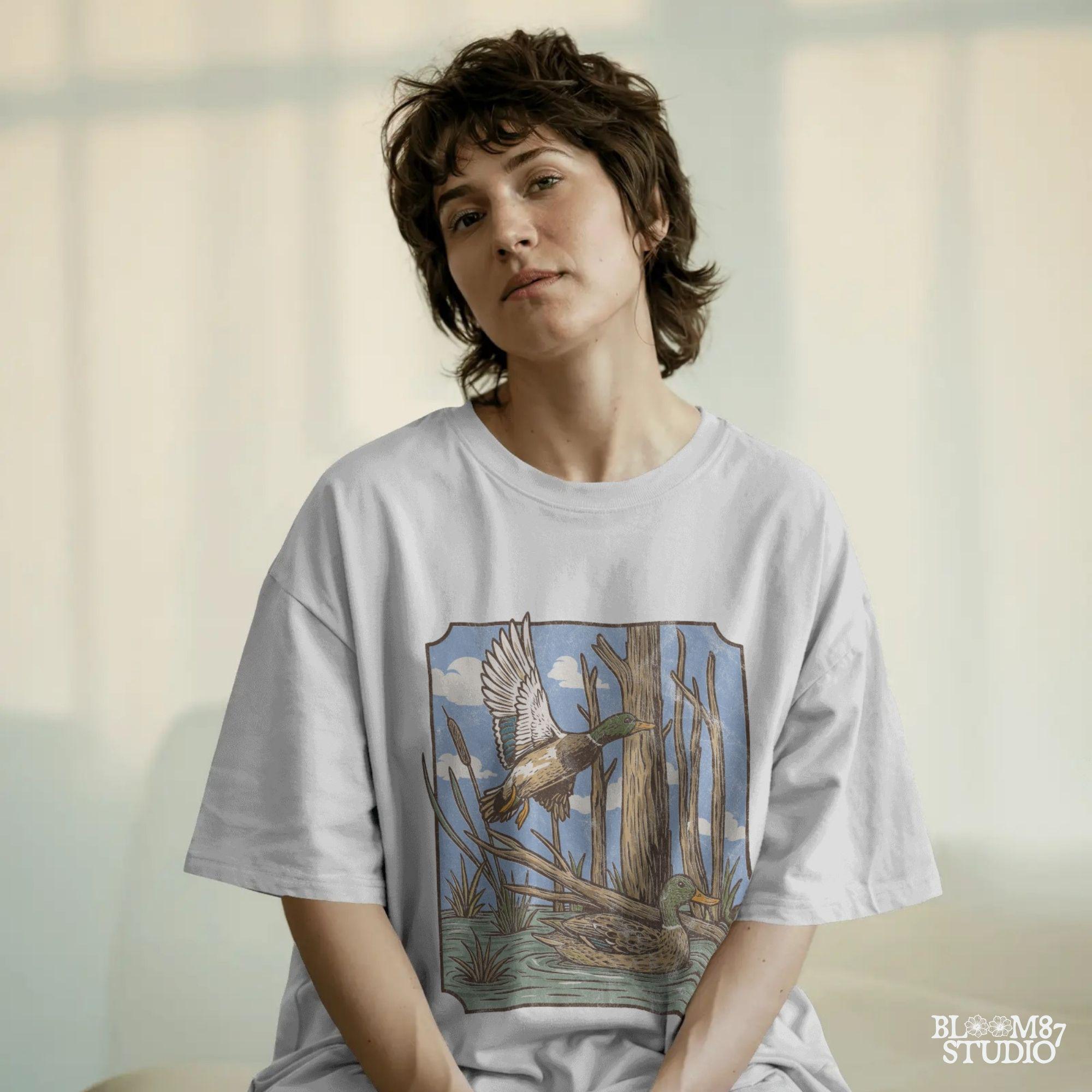 “Vintage mallard duck PNG, flying and swimming ducks in swamp with trees, classic waterfowl hunting scene sublimation”