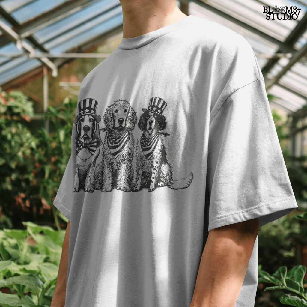 “Fourth of July Patriotic Dog Trio PNG, Vintage USA Dog Parade Illustration with Uncle Sam Hats and Bows”