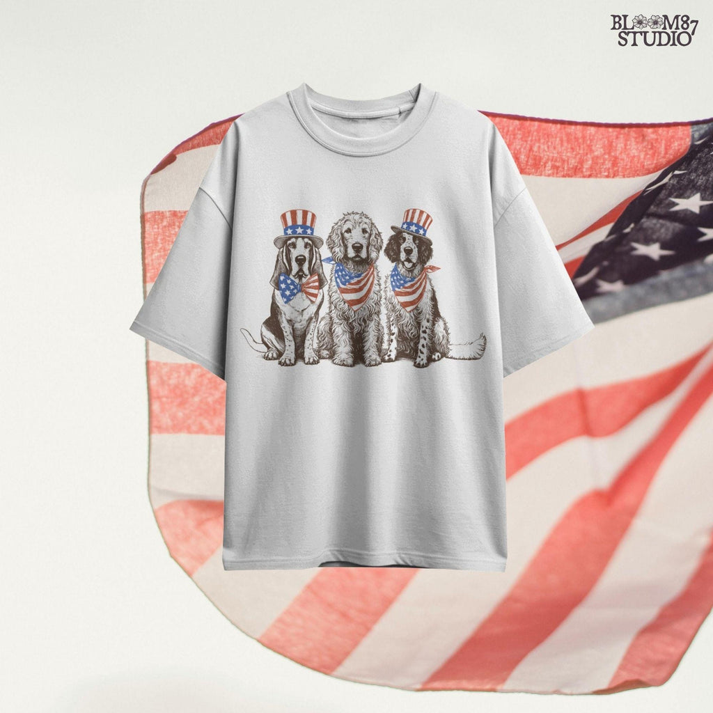 “Fourth of July Patriotic Dog Trio PNG, Vintage USA Dog Parade Illustration with Uncle Sam Hats and Bows”