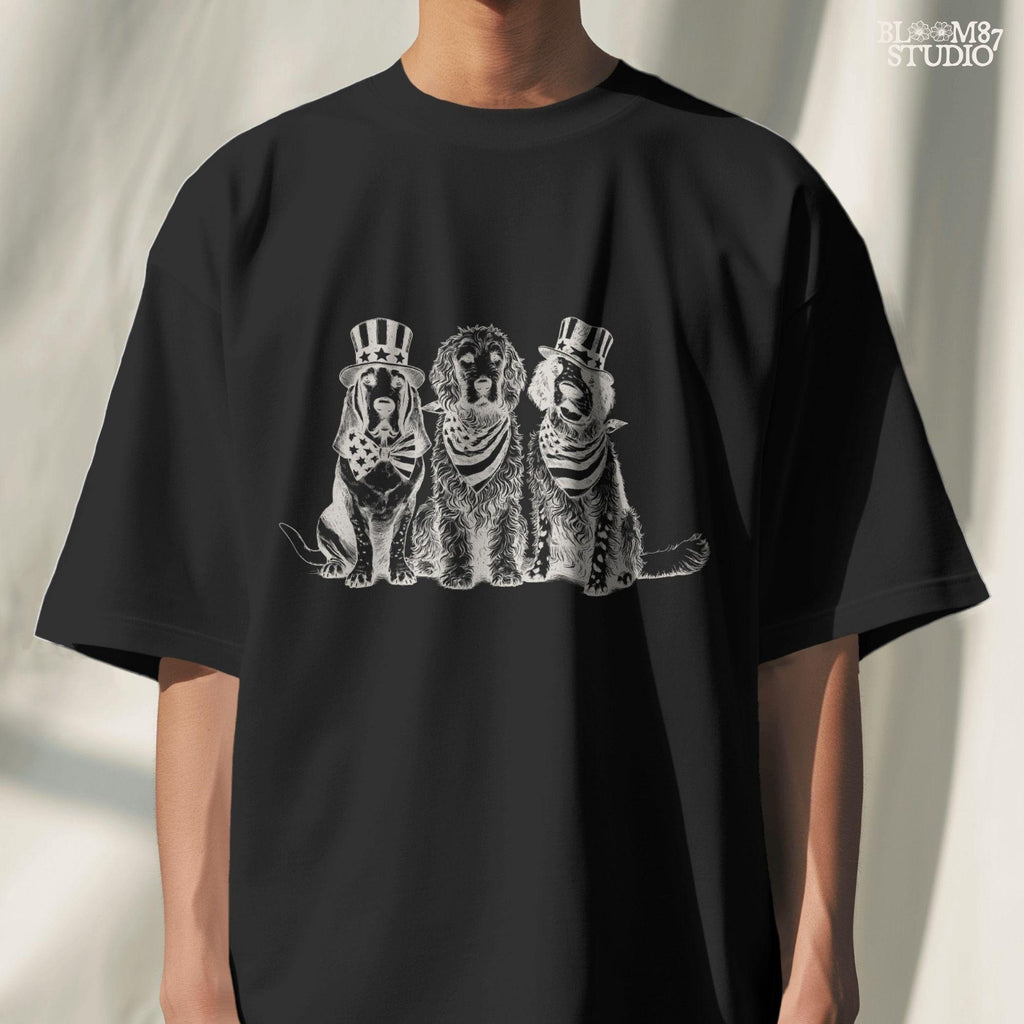 “Fourth of July Patriotic Dog Trio PNG, Vintage USA Dog Parade Illustration with Uncle Sam Hats and Bows”