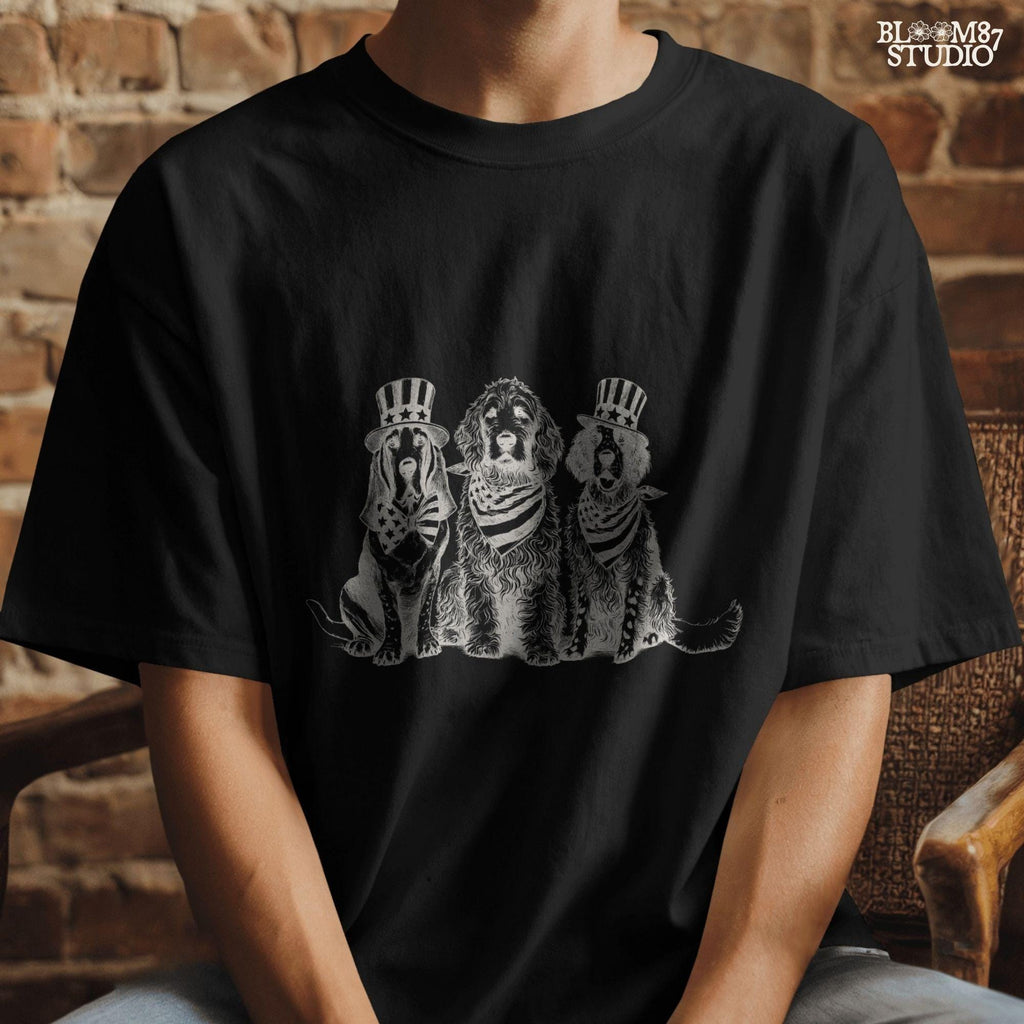 “Fourth of July Patriotic Dog Trio PNG, Vintage USA Dog Parade Illustration with Uncle Sam Hats and Bows”