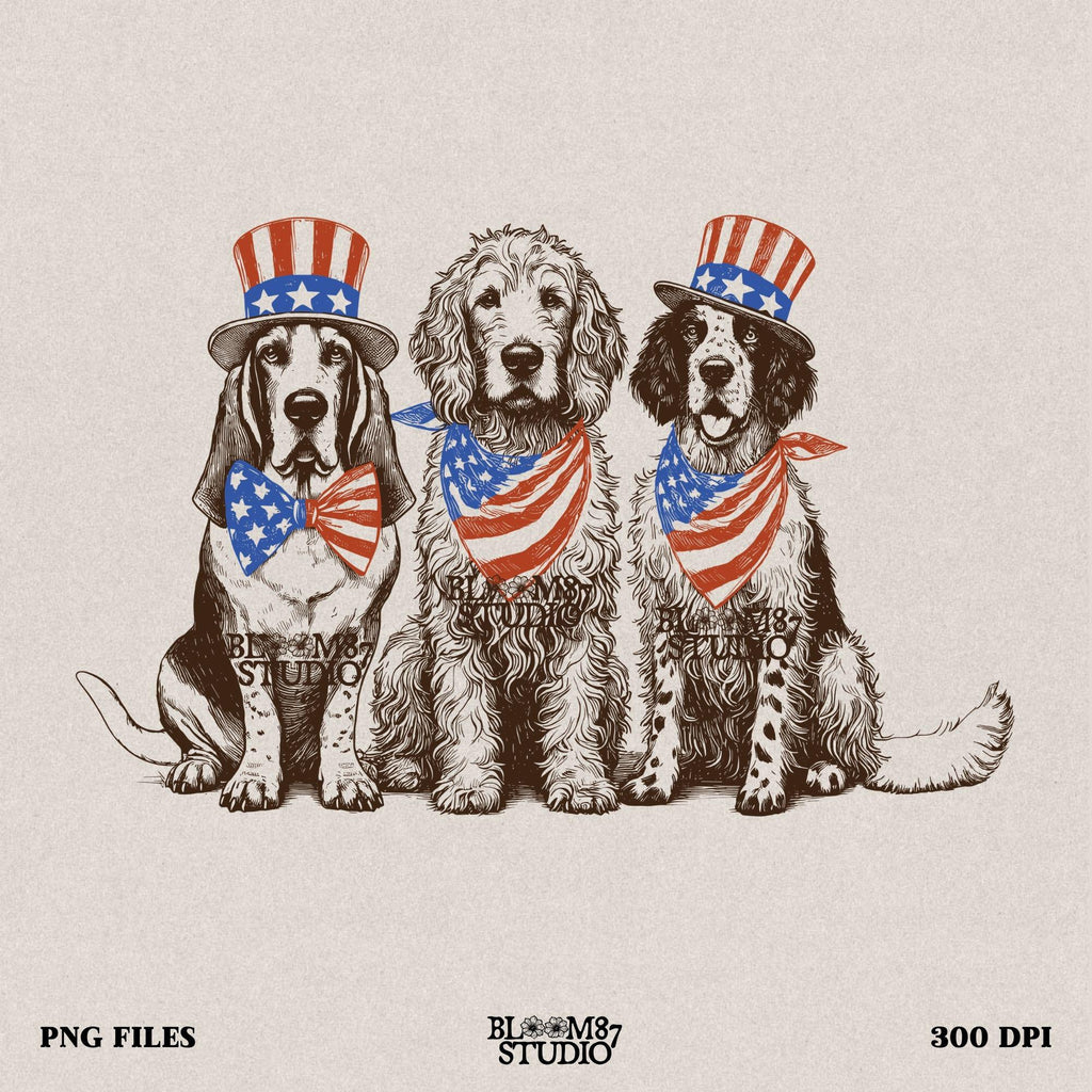 “Fourth of July Patriotic Dog Trio PNG, Vintage USA Dog Parade Illustration with Uncle Sam Hats and Bows”