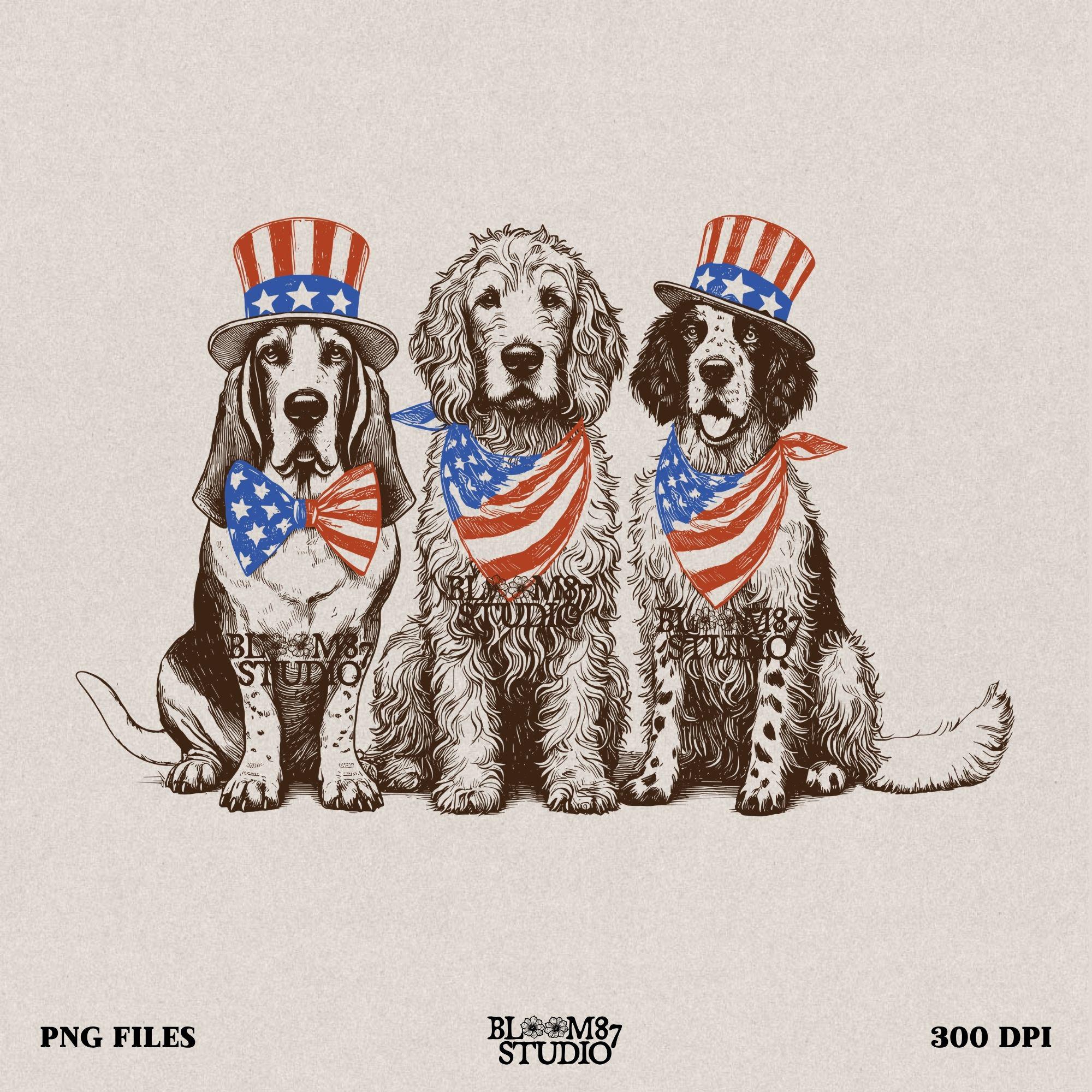 “Fourth of July Patriotic Dog Trio PNG, Vintage USA Dog Parade Illustration with Uncle Sam Hats and Bows”