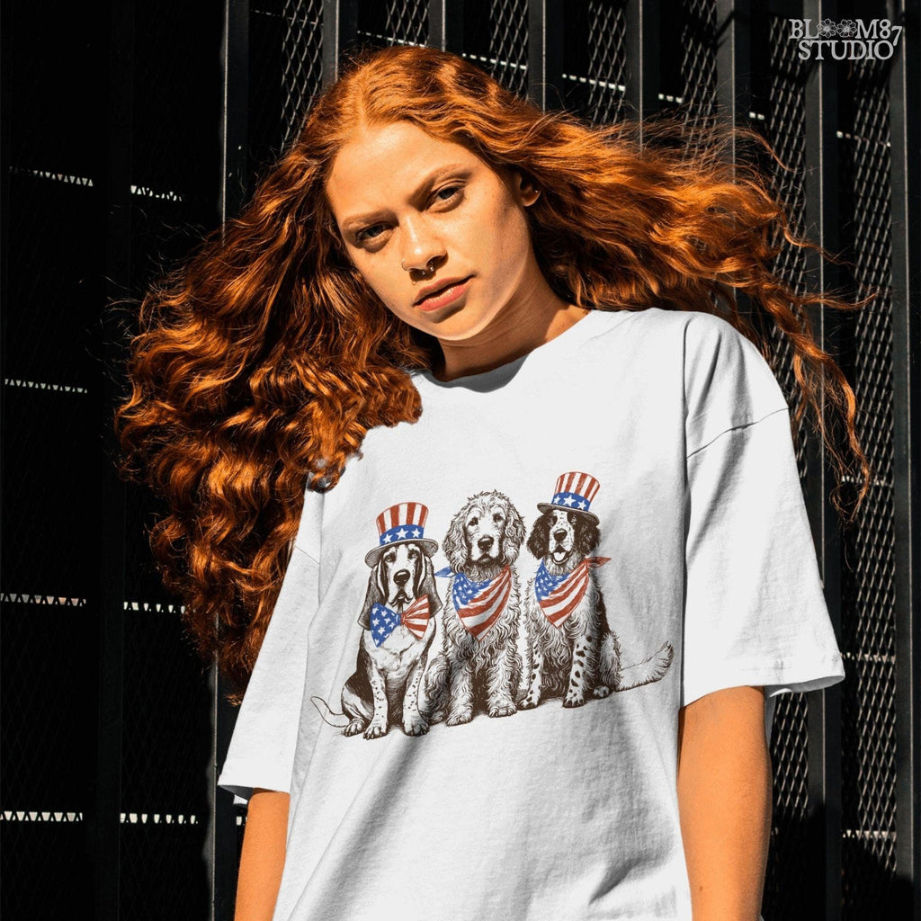 “Fourth of July Patriotic Dog Trio PNG, Vintage USA Dog Parade Illustration with Uncle Sam Hats and Bows”