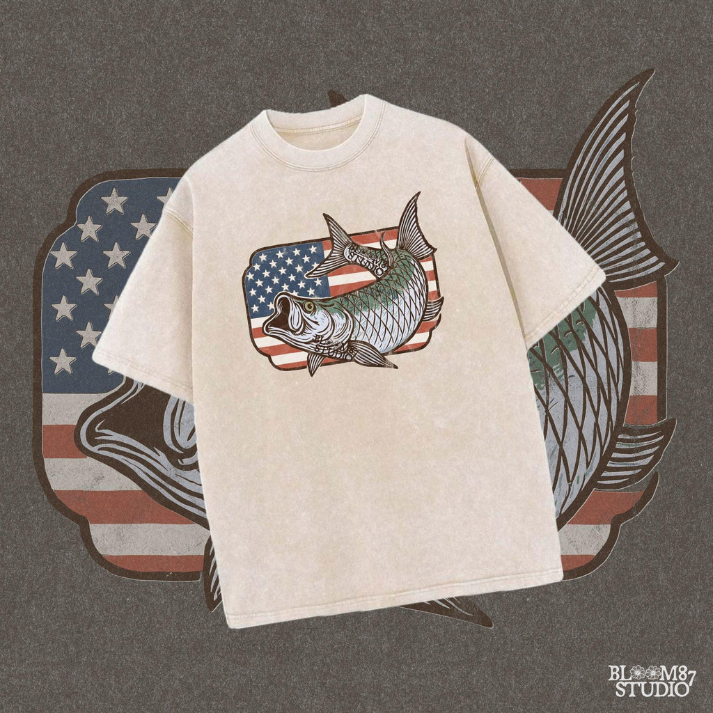 Patriotic tarpon fish PNG with detailed American flag background – vintage fishing clipart perfect for 4th of July, USA angler shirts, and patriotic sublimation designs