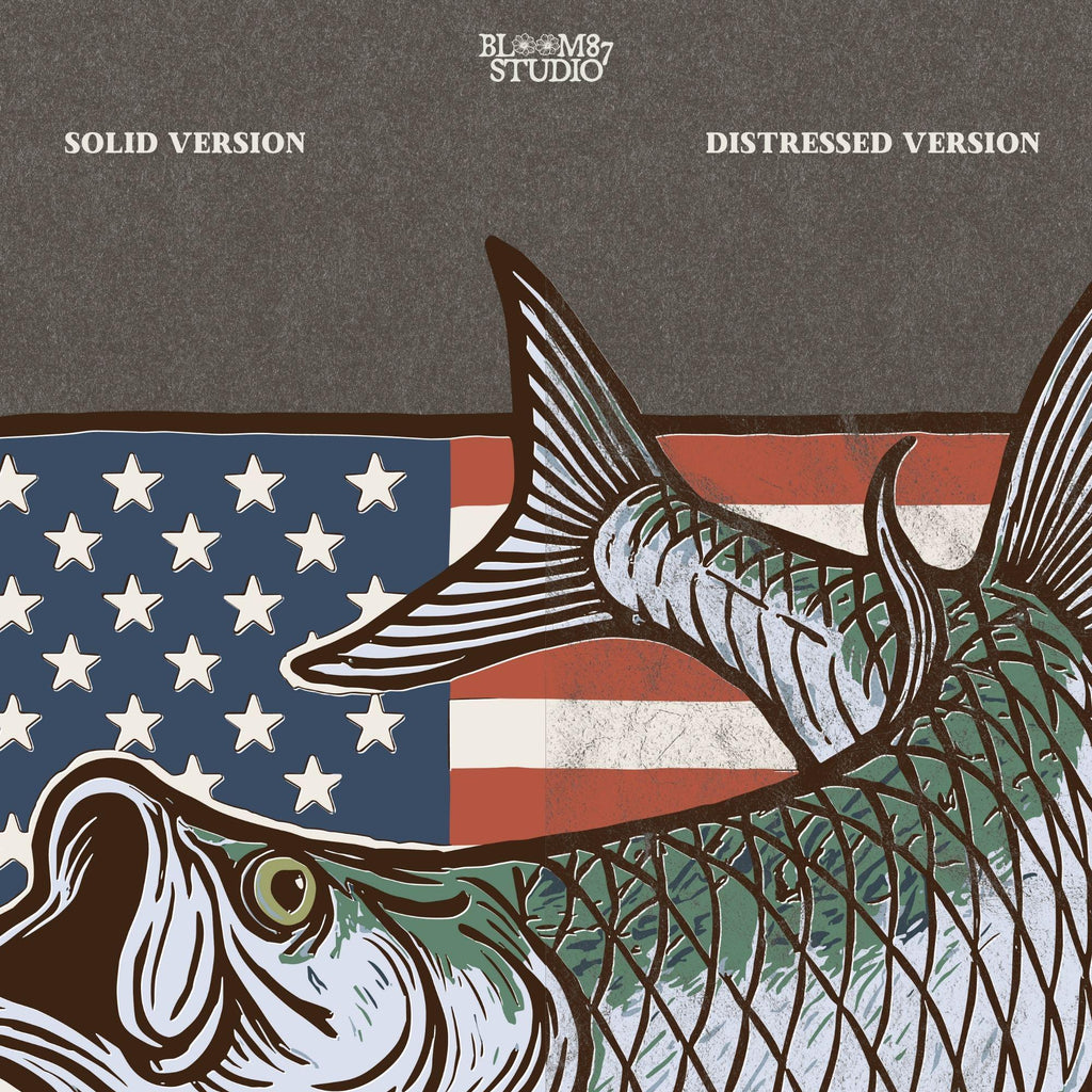 Patriotic tarpon fish PNG with detailed American flag background – vintage fishing clipart perfect for 4th of July, USA angler shirts, and patriotic sublimation designs