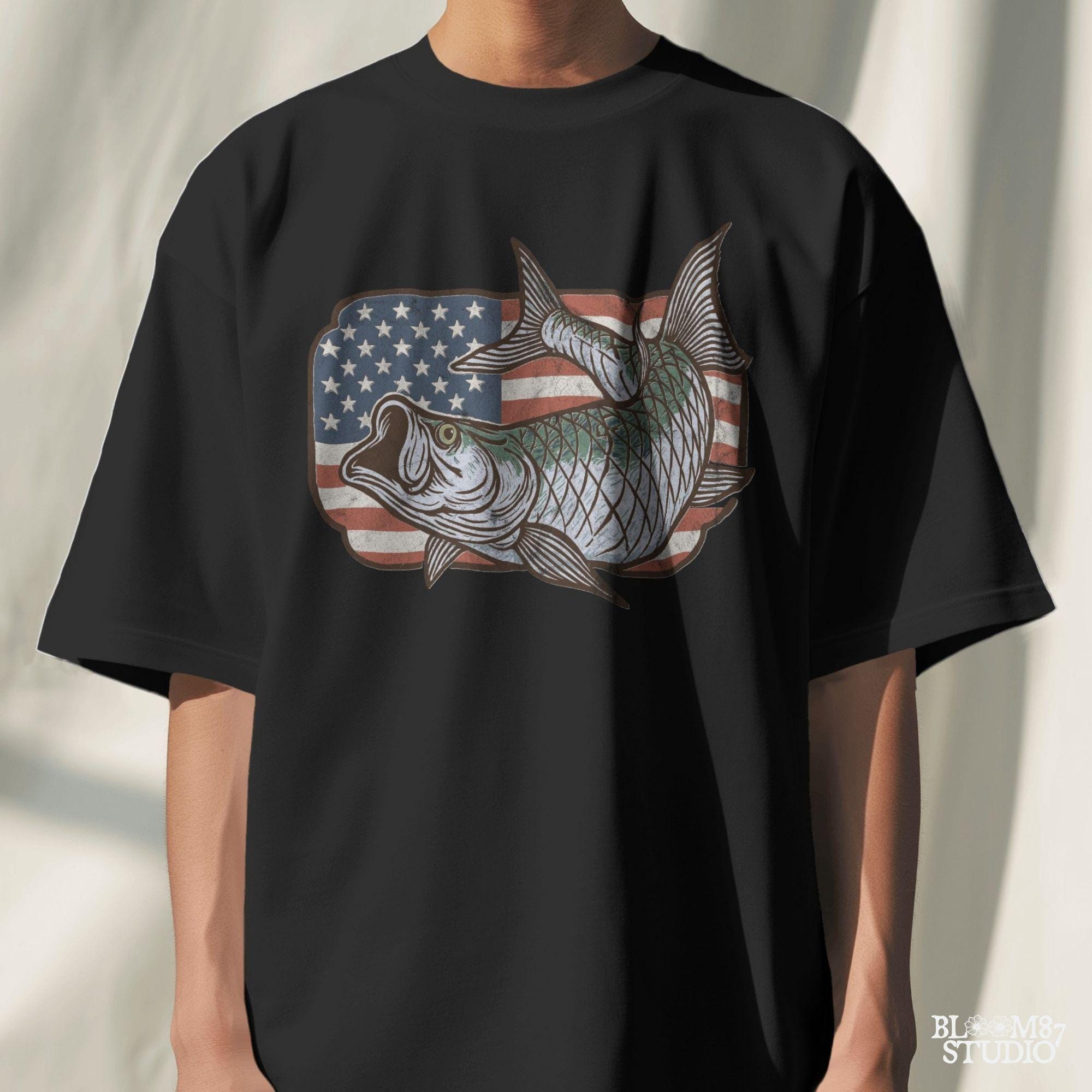 Patriotic tarpon fish PNG with detailed American flag background – vintage fishing clipart perfect for 4th of July, USA angler shirts, and patriotic sublimation designs