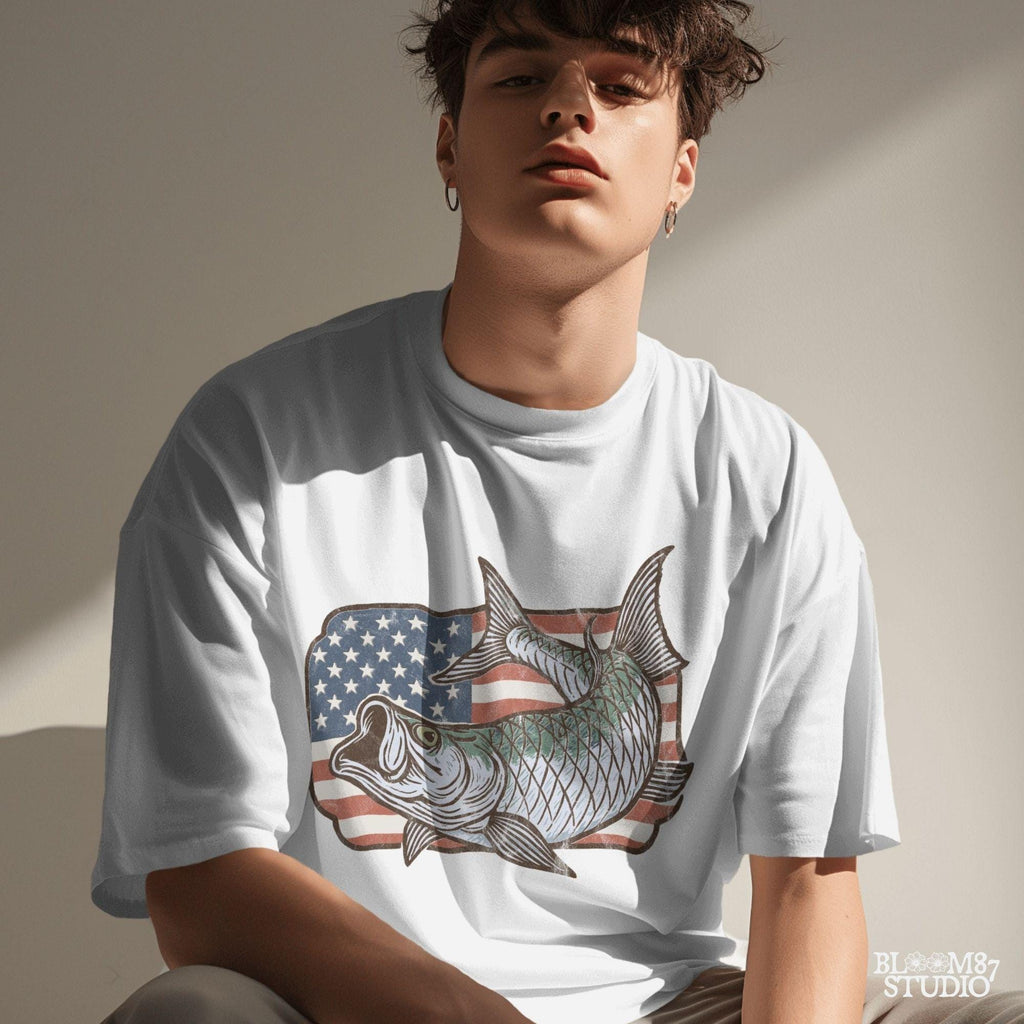 Patriotic tarpon fish PNG with detailed American flag background – vintage fishing clipart perfect for 4th of July, USA angler shirts, and patriotic sublimation designs