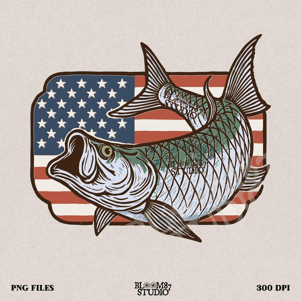 Patriotic tarpon fish PNG with detailed American flag background – vintage fishing clipart perfect for 4th of July, USA angler shirts, and patriotic sublimation designs
