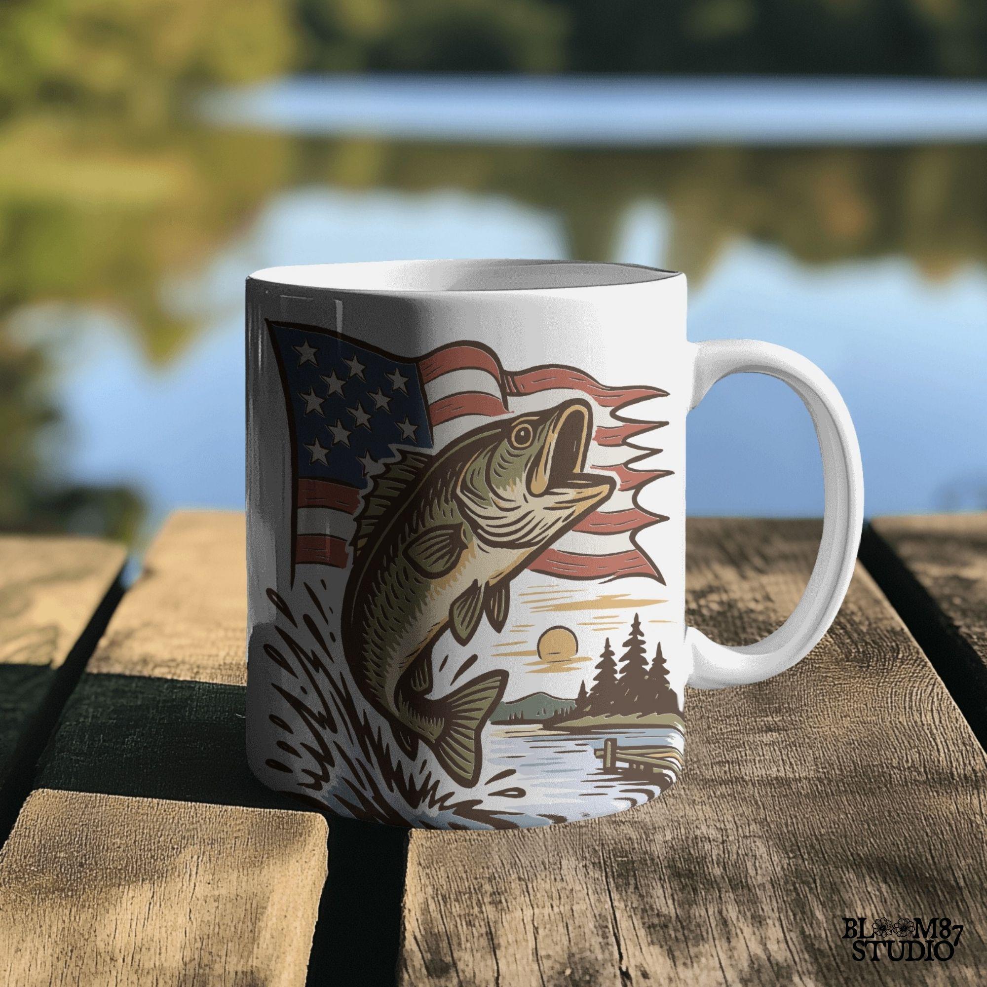 Vintage-style largemouth bass jumping in front of waving American flag with lake sunset – patriotic fishing PNG design for 4th of July and USA outdoor lovers