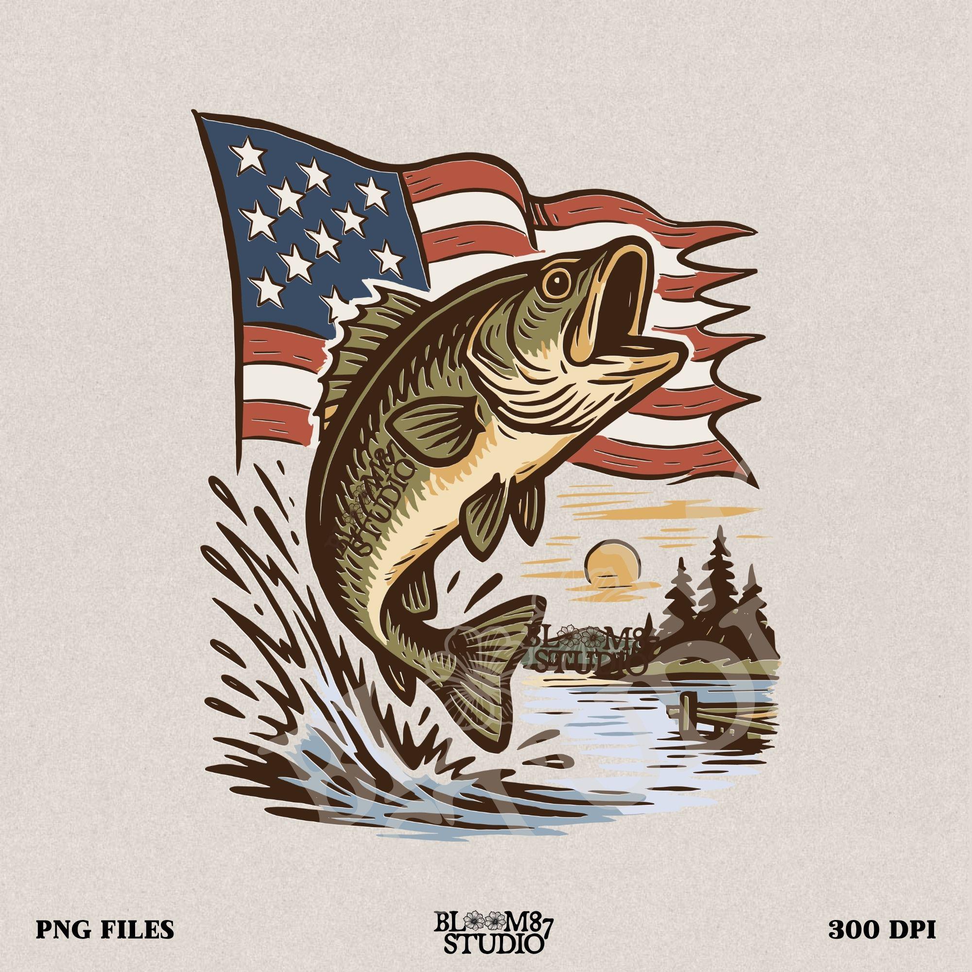 Vintage-style largemouth bass jumping in front of waving American flag with lake sunset – patriotic fishing PNG design for 4th of July and USA outdoor lovers