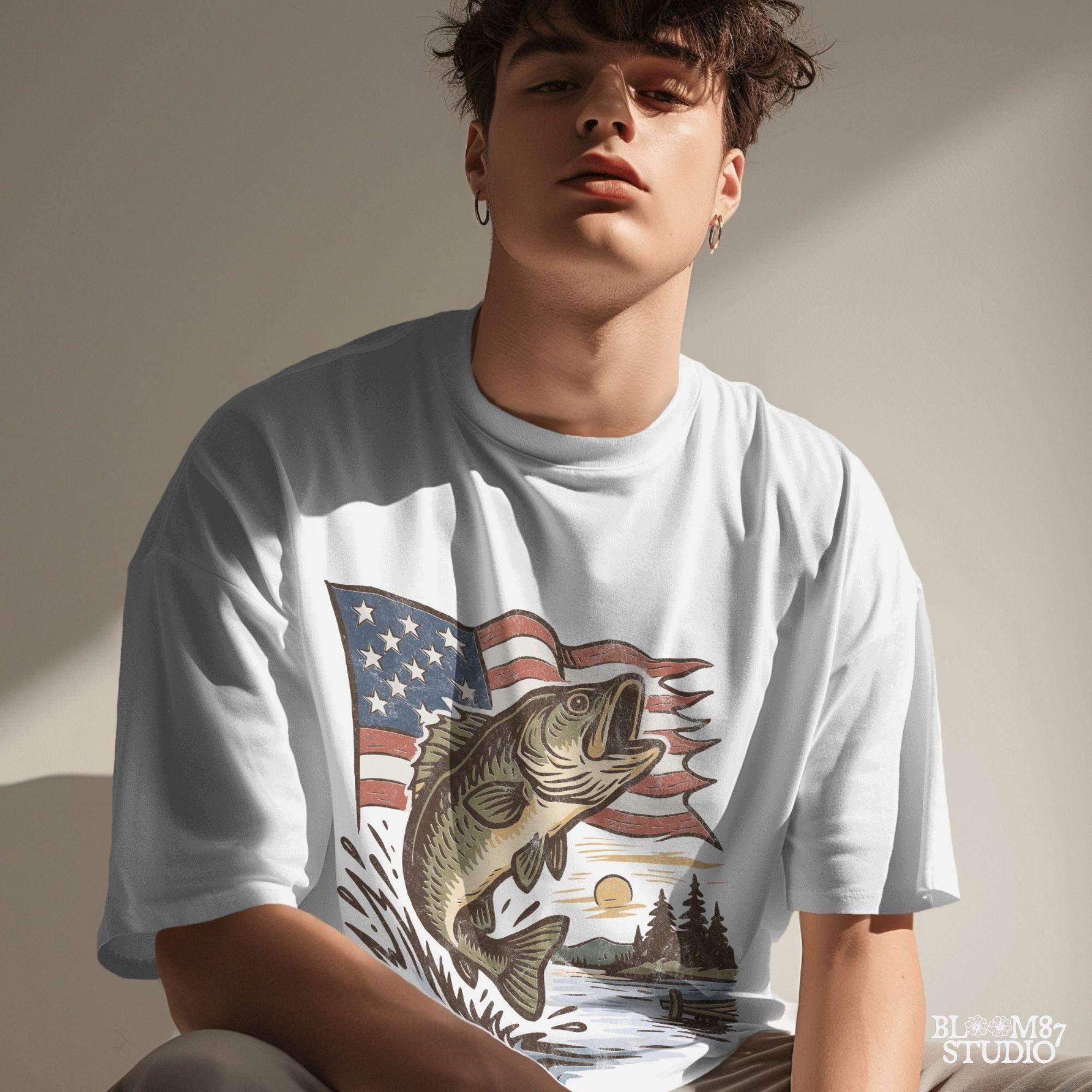 Vintage-style largemouth bass jumping in front of waving American flag with lake sunset – patriotic fishing PNG design for 4th of July and USA outdoor lovers