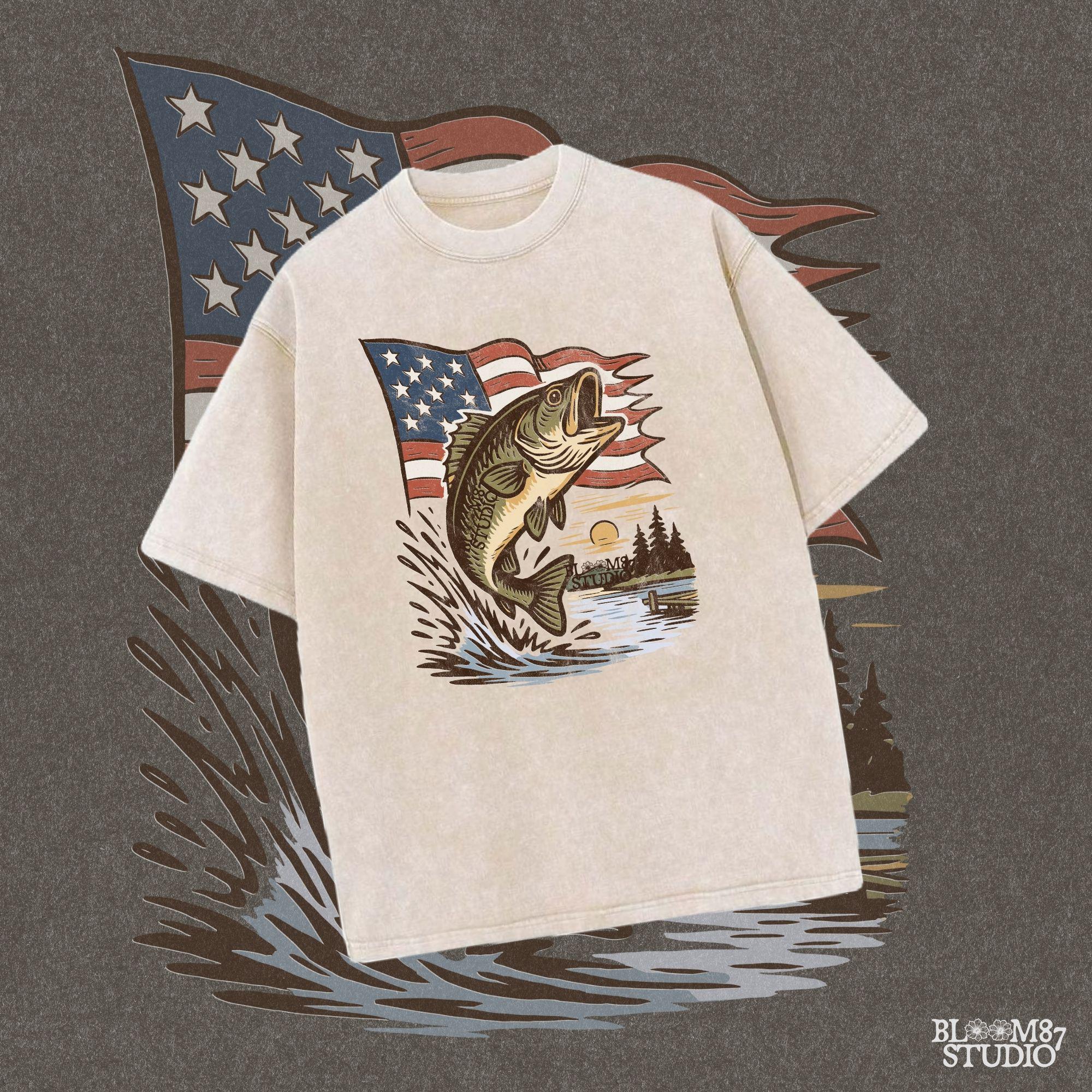 Vintage-style largemouth bass jumping in front of waving American flag with lake sunset – patriotic fishing PNG design for 4th of July and USA outdoor lovers