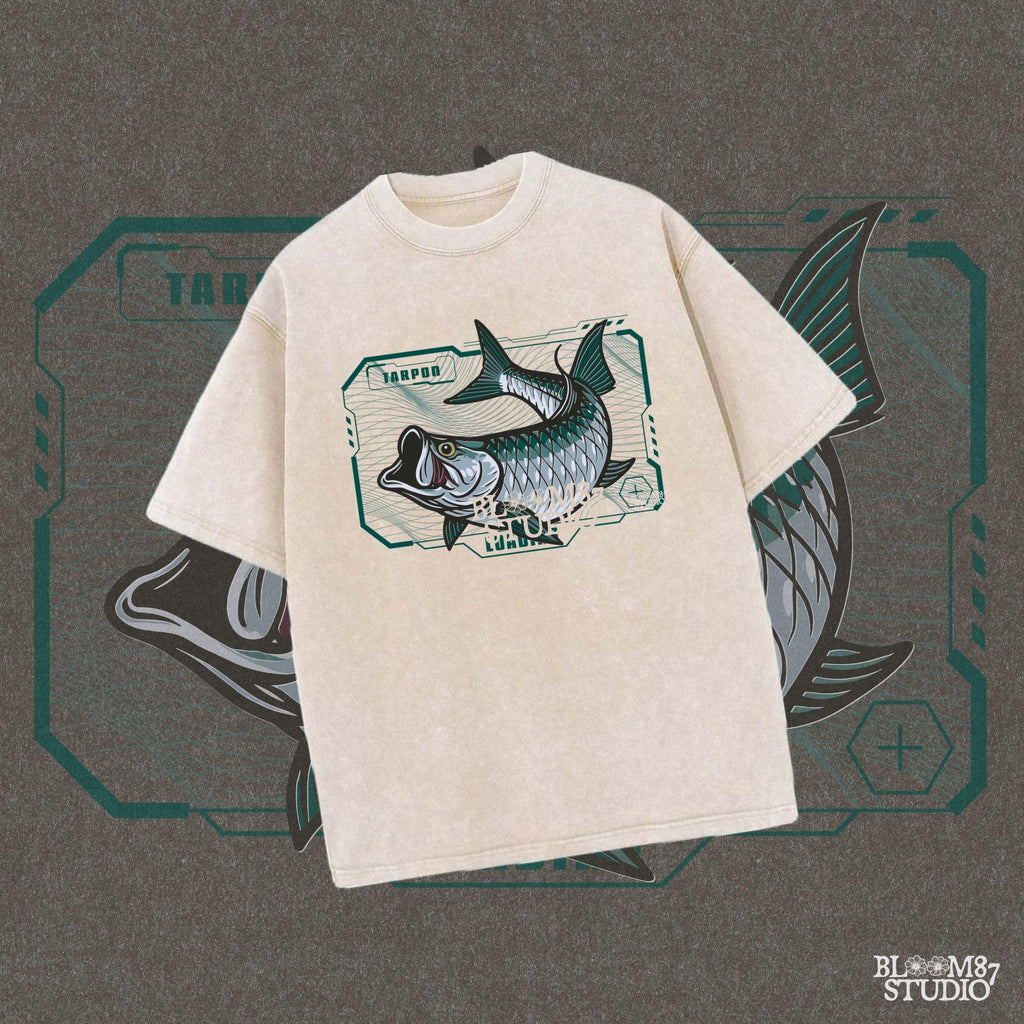 Futuristic digital-style tarpon fish leaping with techcore background – cyber ocean fishing design for sublimation and offshore anglers