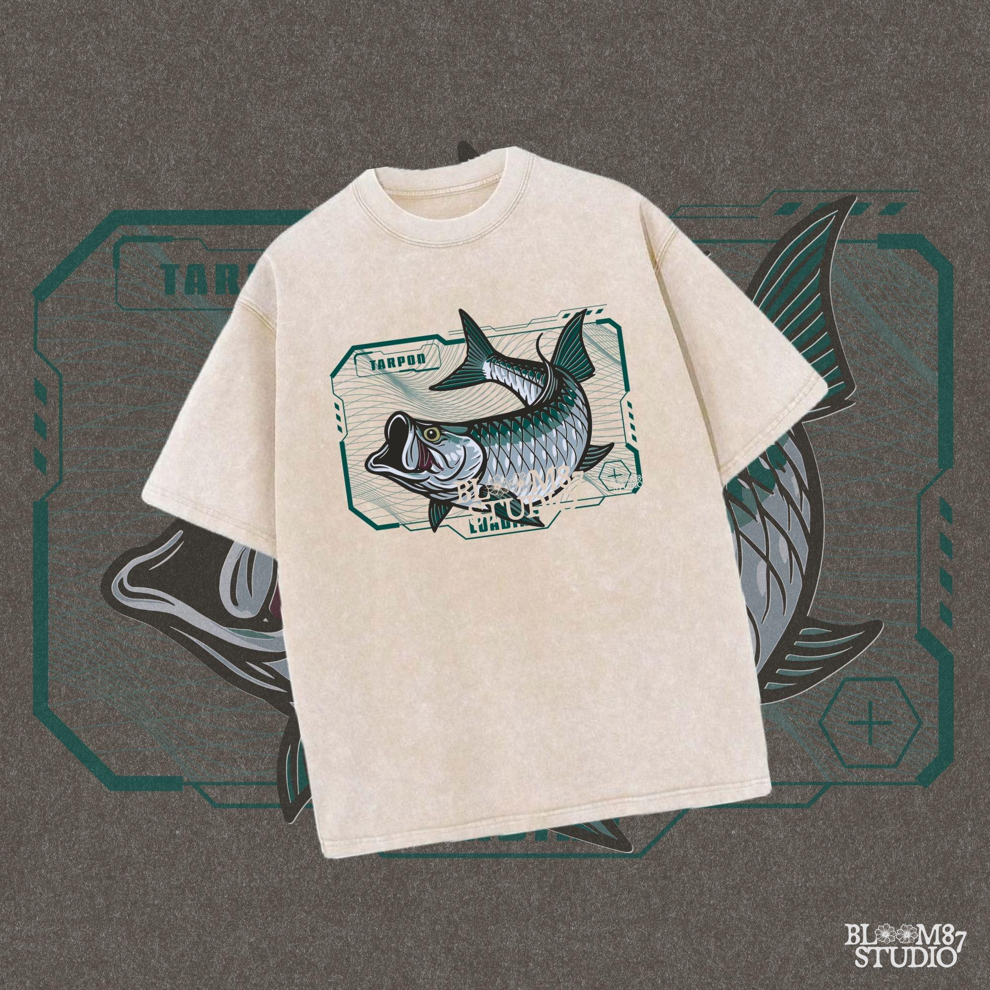Futuristic digital-style tarpon fish leaping with techcore background – cyber ocean fishing design for sublimation and offshore anglers