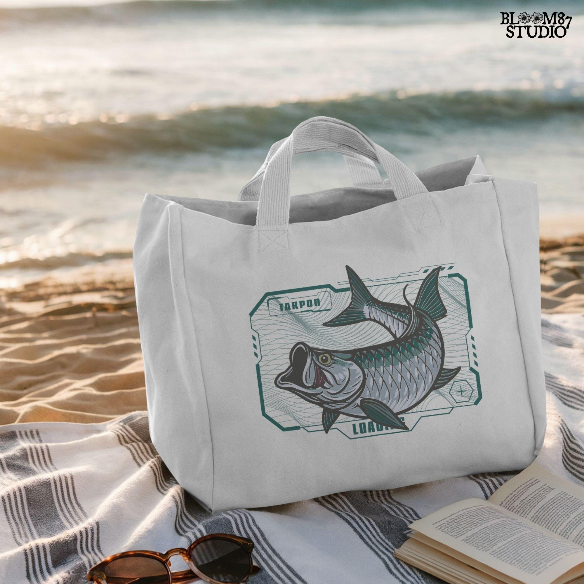 Futuristic digital-style tarpon fish leaping with techcore background – cyber ocean fishing design for sublimation and offshore anglers