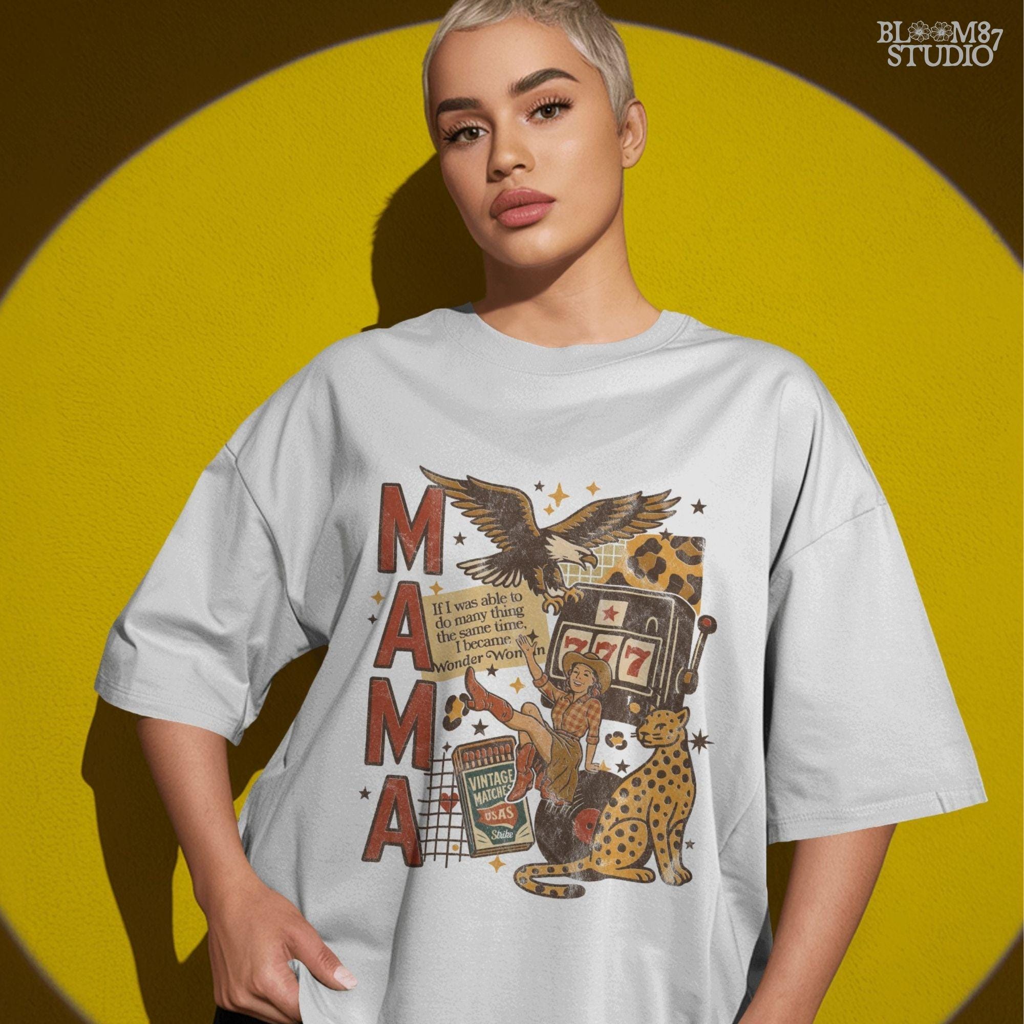 Vintage western mama collage PNG featuring a retro cowgirl, eagle, leopard, slot machine, and Wonder Woman quote — perfect for Mother’s Day sublimation and feminist western designs.