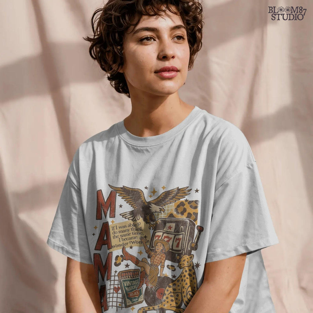 Vintage western mama collage PNG featuring a retro cowgirl, eagle, leopard, slot machine, and Wonder Woman quote — perfect for Mother’s Day sublimation and feminist western designs.