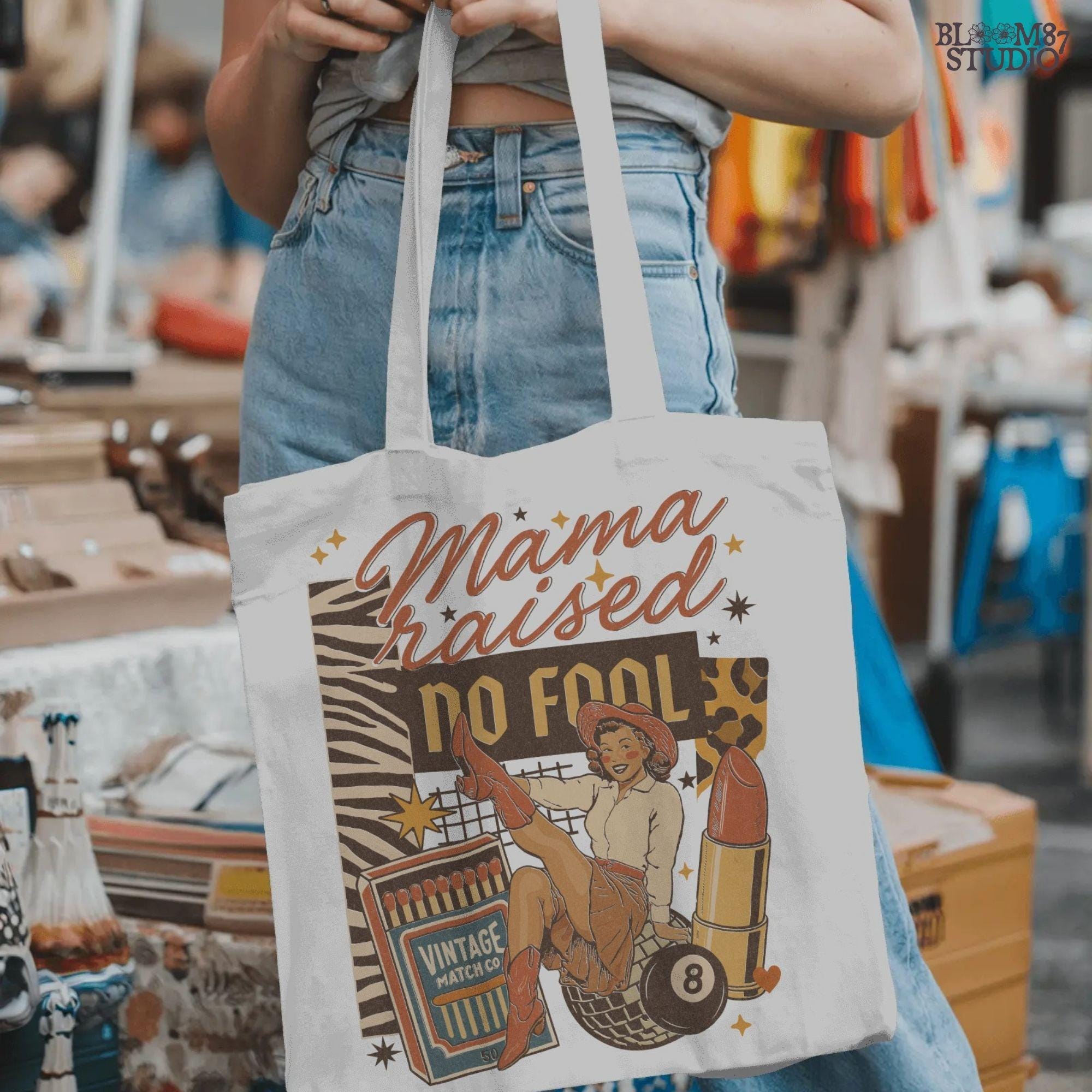 Retro Western Cowgirl Collage PNG with “Mama Raised No Fool” Quote, Disco Ball, Lipstick, and Red Boots for Sublimation