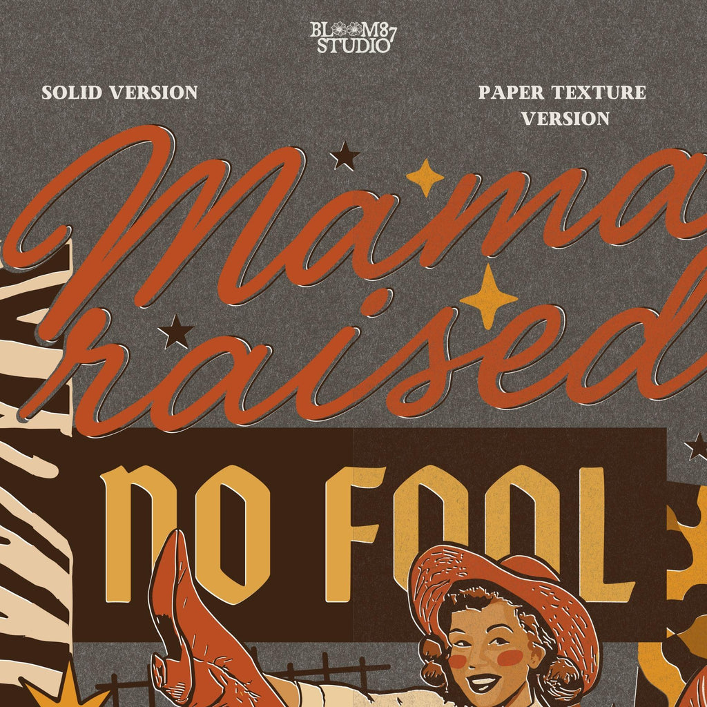 Retro Western Cowgirl Collage PNG with “Mama Raised No Fool” Quote, Disco Ball, Lipstick, and Red Boots for Sublimation