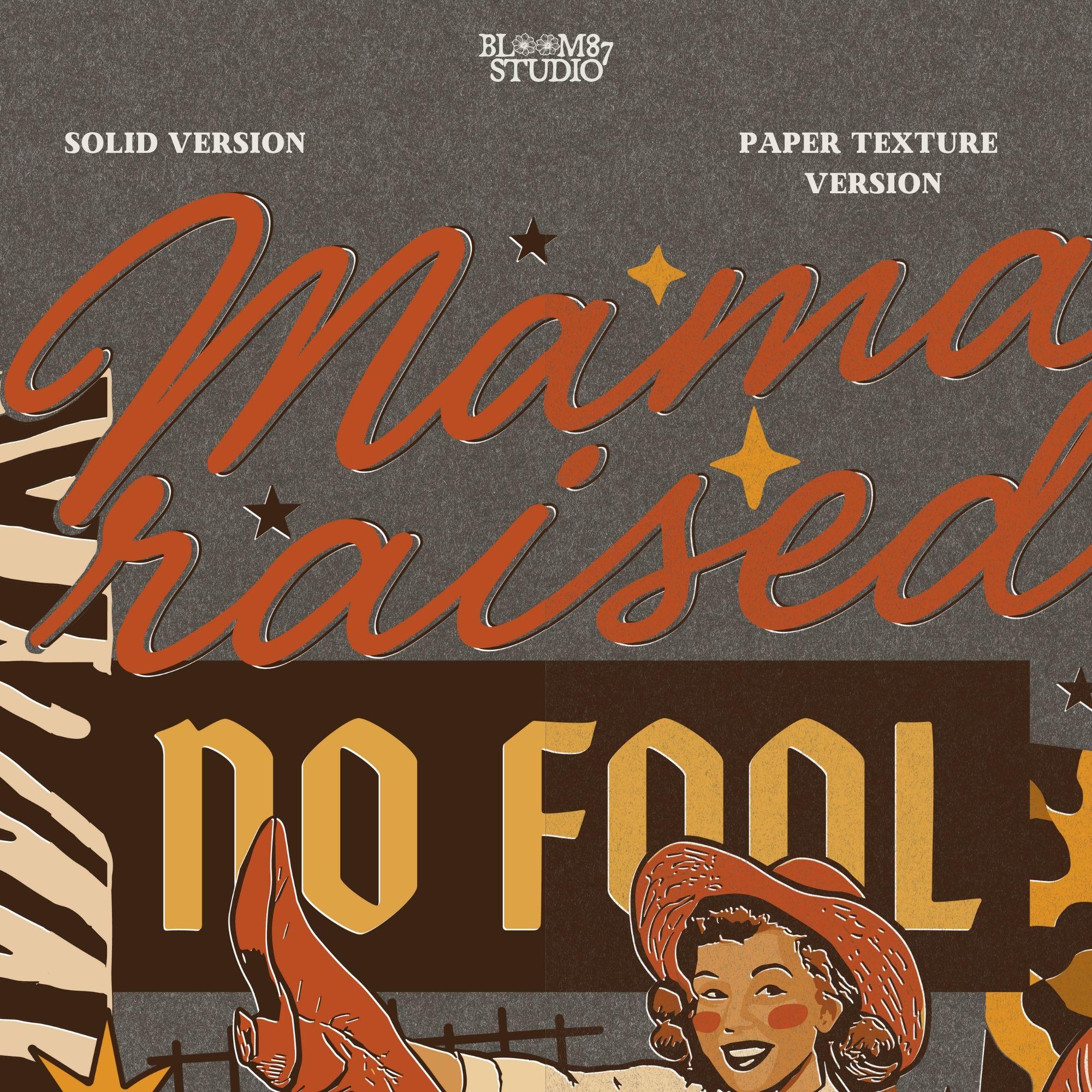 Retro Western Cowgirl Collage PNG with “Mama Raised No Fool” Quote, Disco Ball, Lipstick, and Red Boots for Sublimation