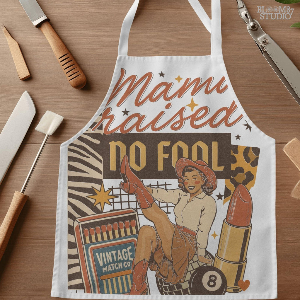 Retro Western Cowgirl Collage PNG with “Mama Raised No Fool” Quote, Disco Ball, Lipstick, and Red Boots for Sublimation