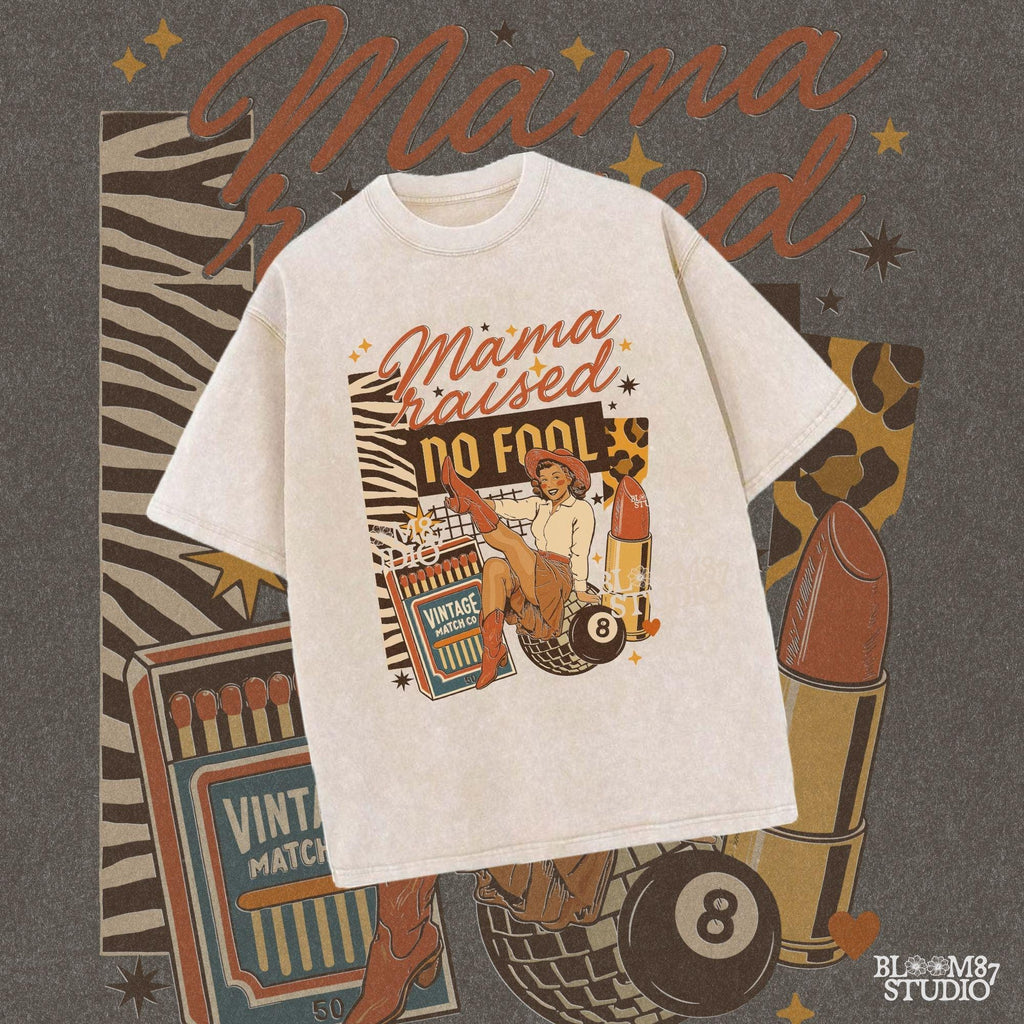 Retro Western Cowgirl Collage PNG with “Mama Raised No Fool” Quote, Disco Ball, Lipstick, and Red Boots for Sublimation