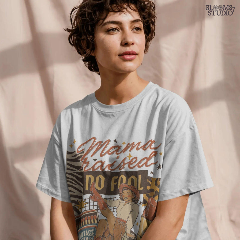 Retro Western Cowgirl Collage PNG with “Mama Raised No Fool” Quote, Disco Ball, Lipstick, and Red Boots for Sublimation