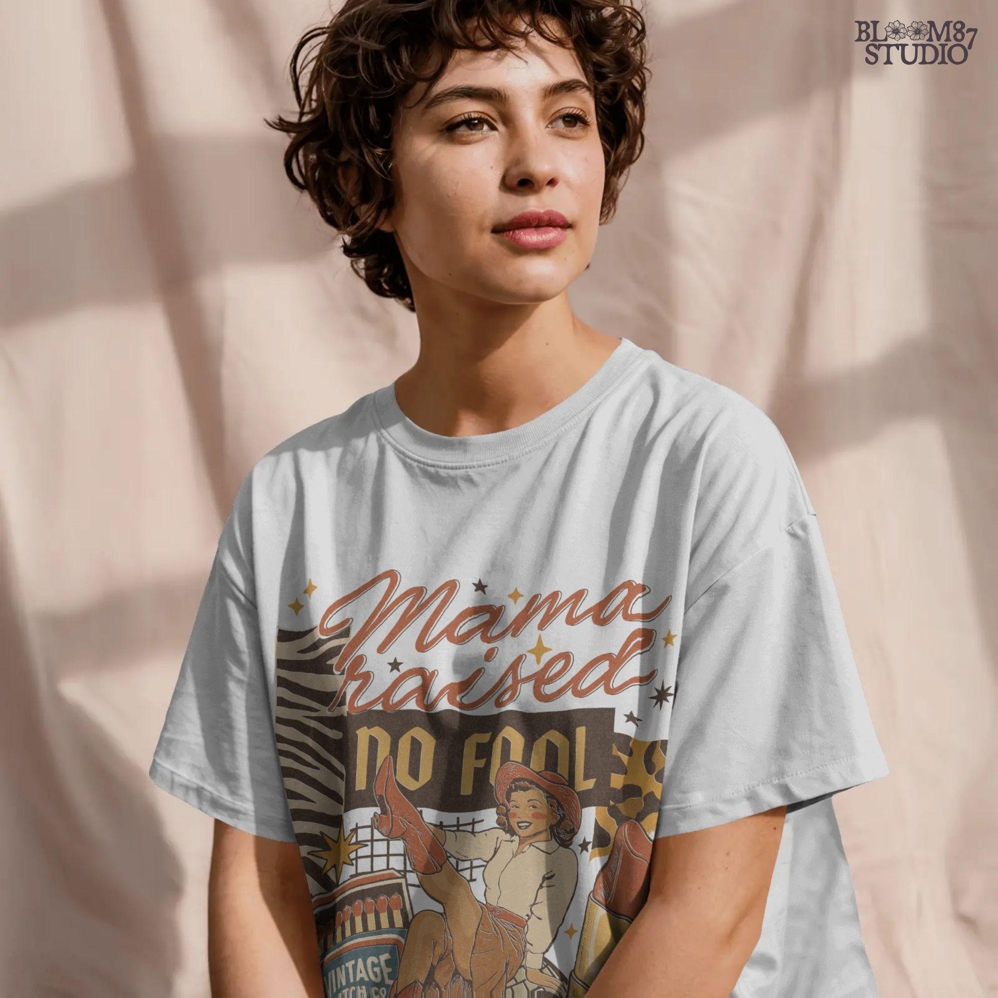 Retro Western Cowgirl Collage PNG with “Mama Raised No Fool” Quote, Disco Ball, Lipstick, and Red Boots for Sublimation