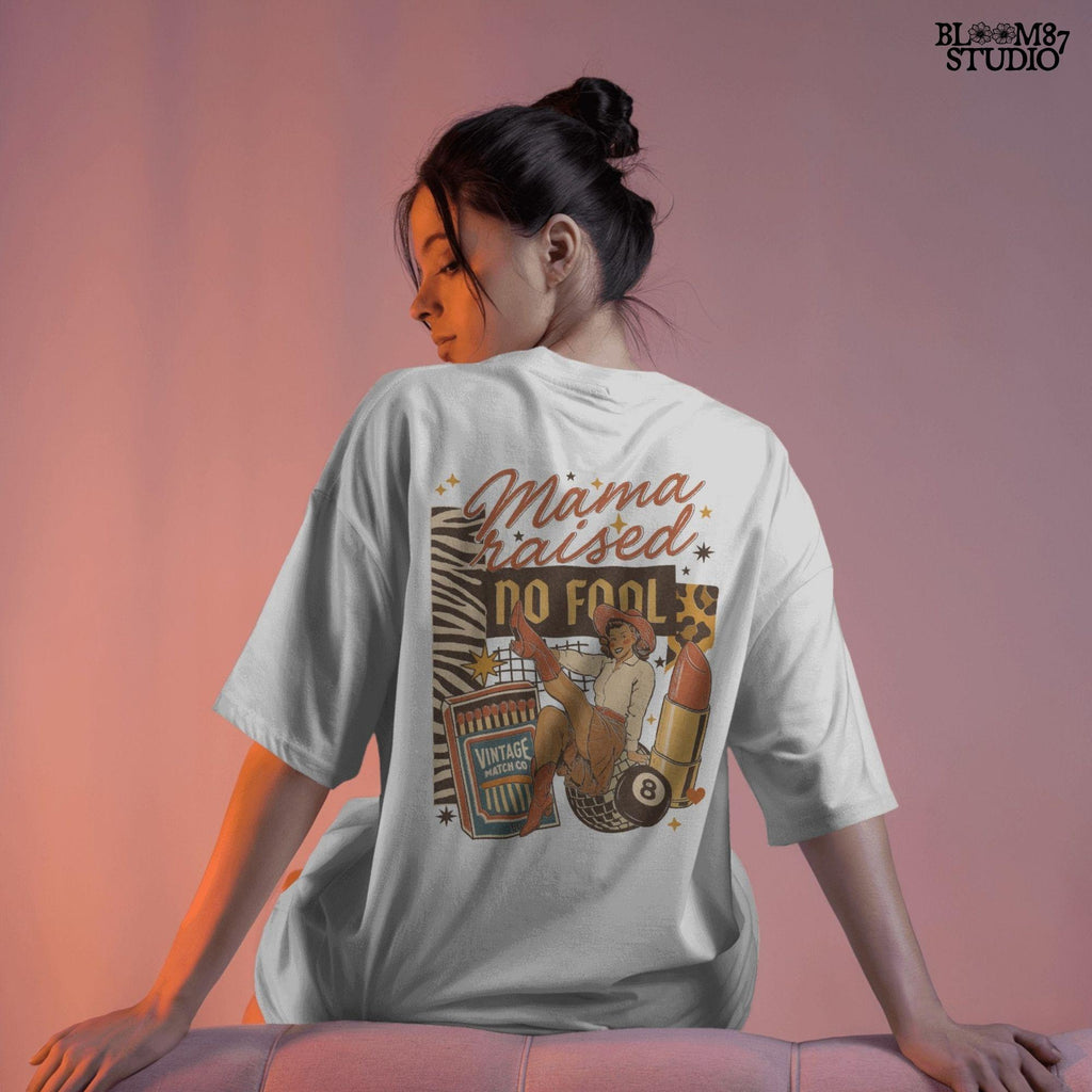 Retro Western Cowgirl Collage PNG with “Mama Raised No Fool” Quote, Disco Ball, Lipstick, and Red Boots for Sublimation