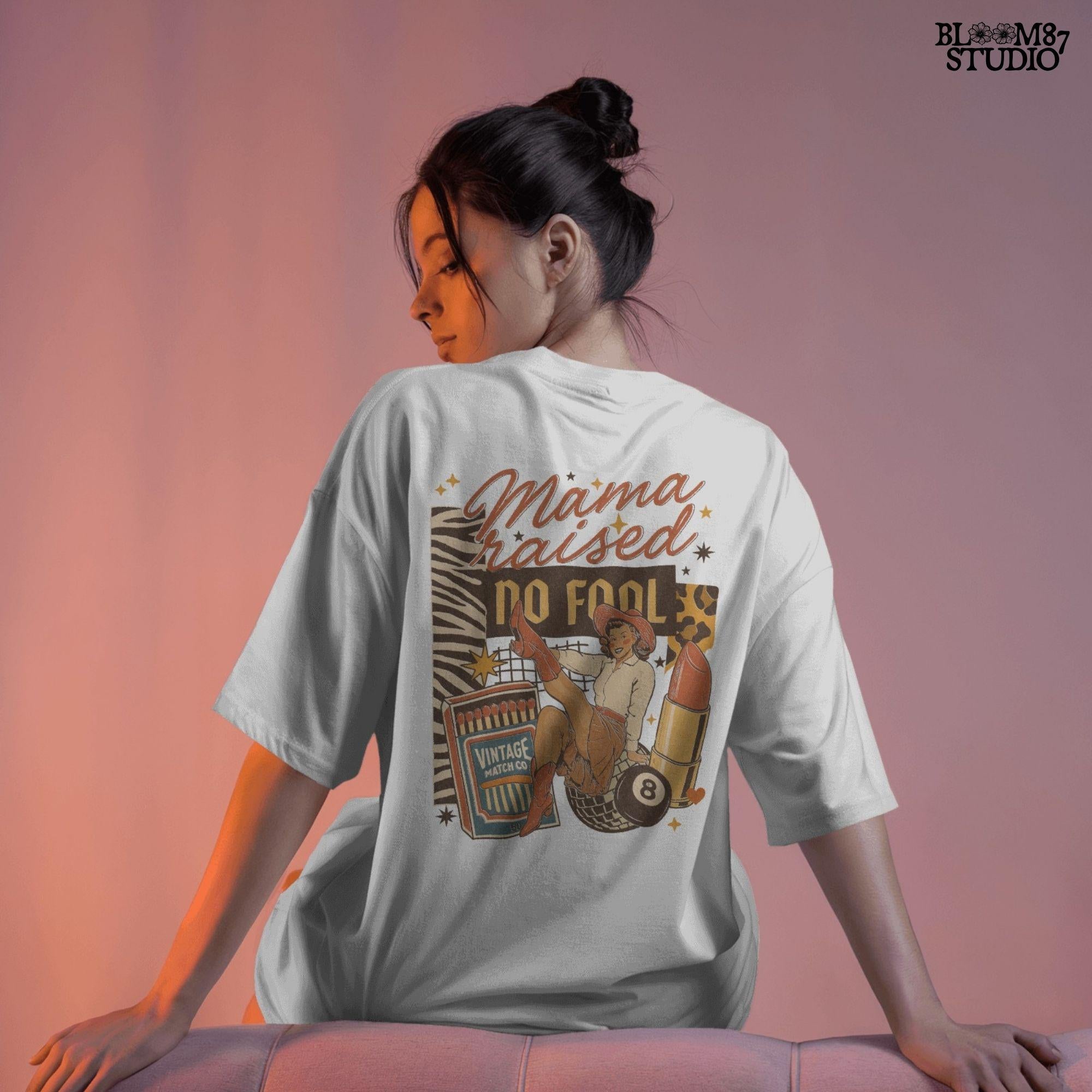 Retro Western Cowgirl Collage PNG with “Mama Raised No Fool” Quote, Disco Ball, Lipstick, and Red Boots for Sublimation