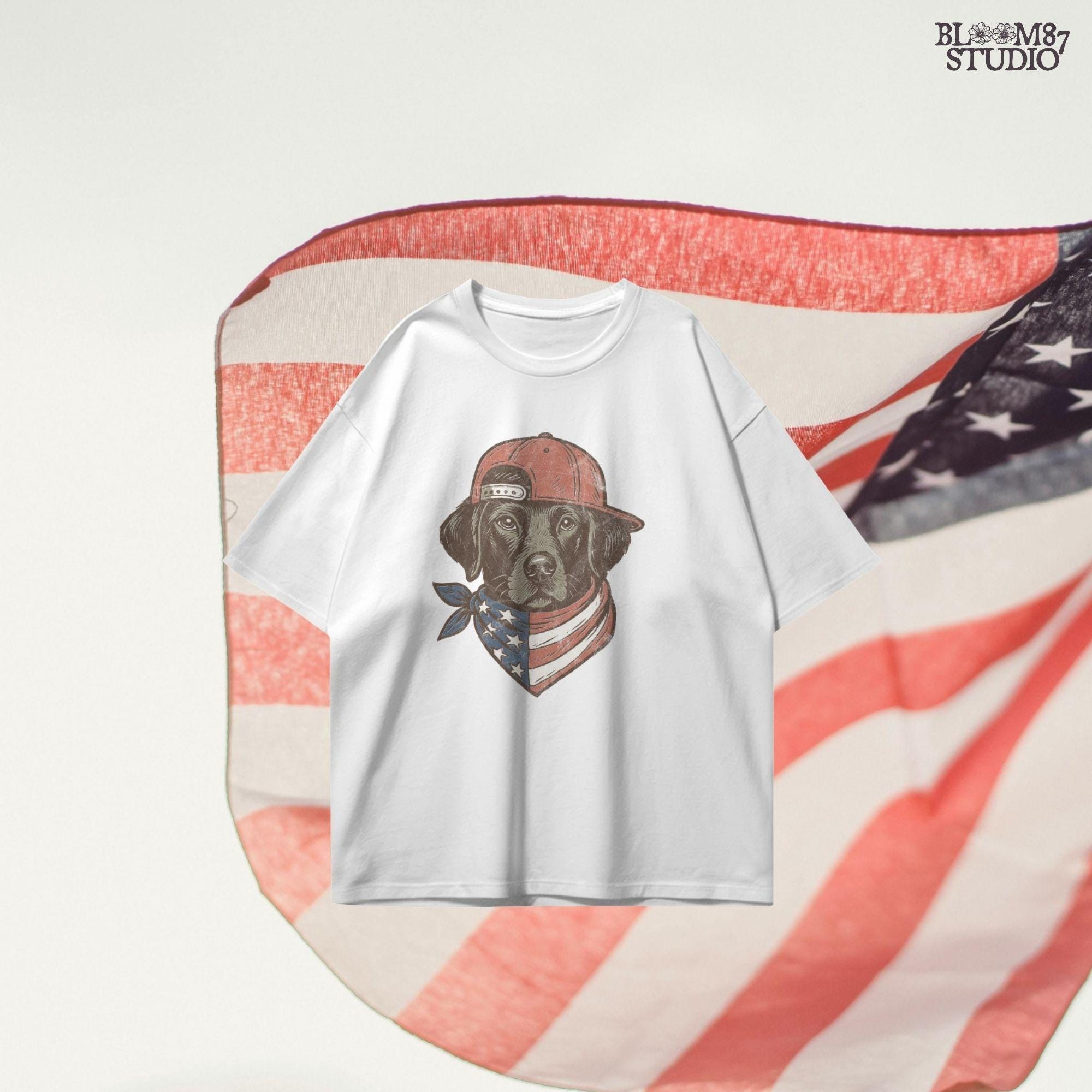 Cool Labrador Dog Wearing Red Snapback Hat and American Flag Bandana PNG for Patriotic 4th of July Sublimation