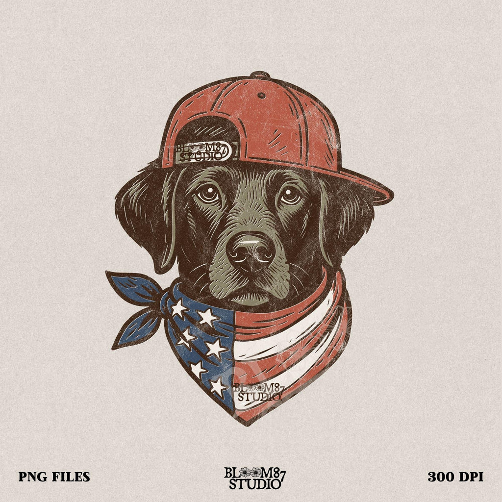 Cool Labrador Dog Wearing Red Snapback Hat and American Flag Bandana PNG for Patriotic 4th of July Sublimation