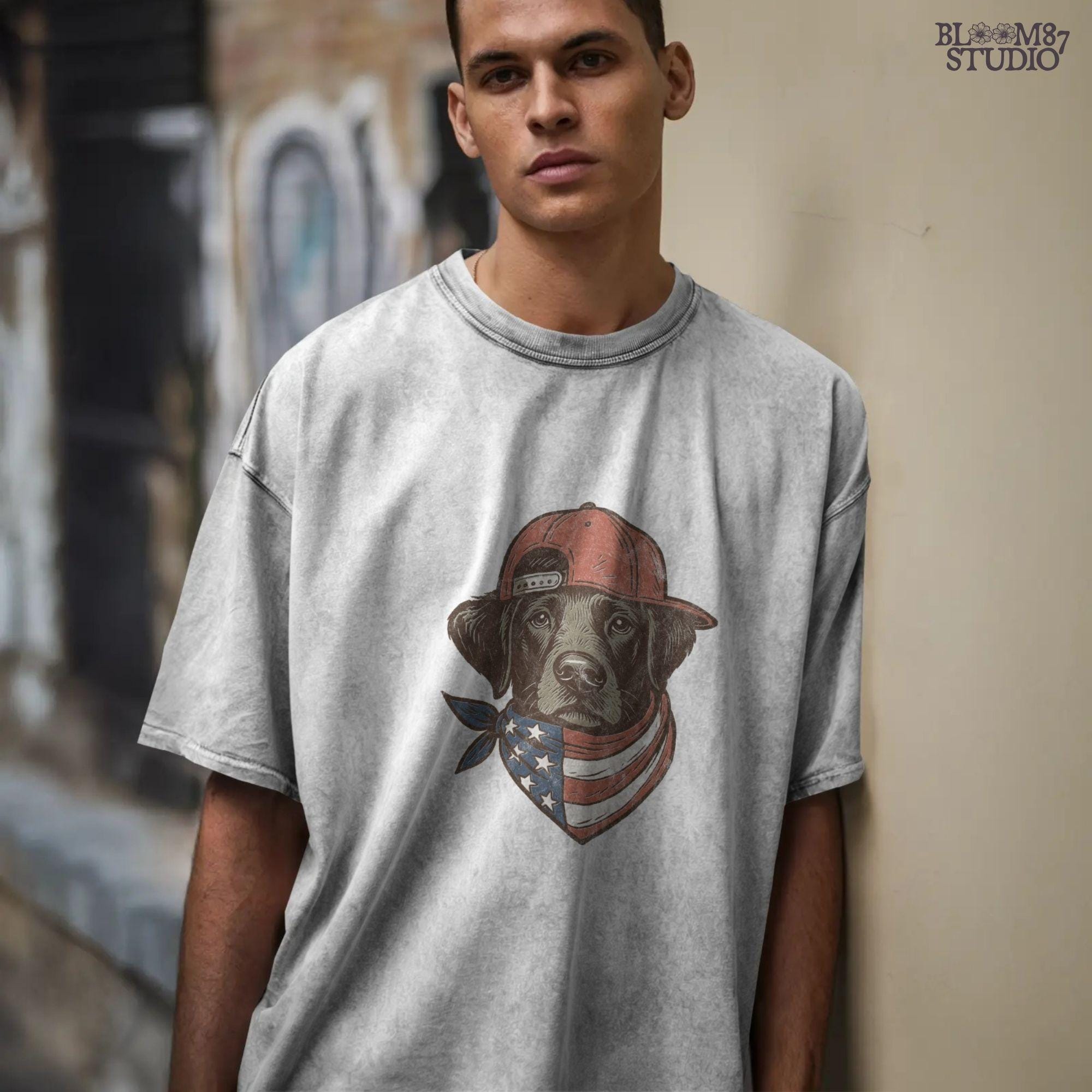 Cool Labrador Dog Wearing Red Snapback Hat and American Flag Bandana PNG for Patriotic 4th of July Sublimation