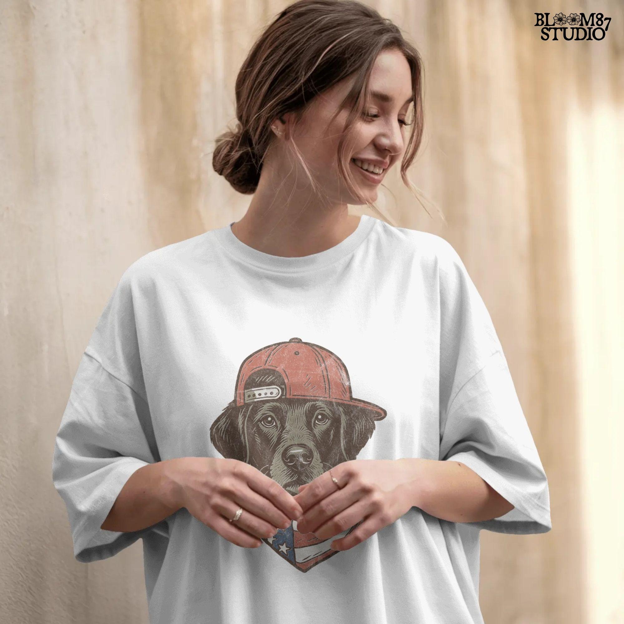 Cool Labrador Dog Wearing Red Snapback Hat and American Flag Bandana PNG for Patriotic 4th of July Sublimation