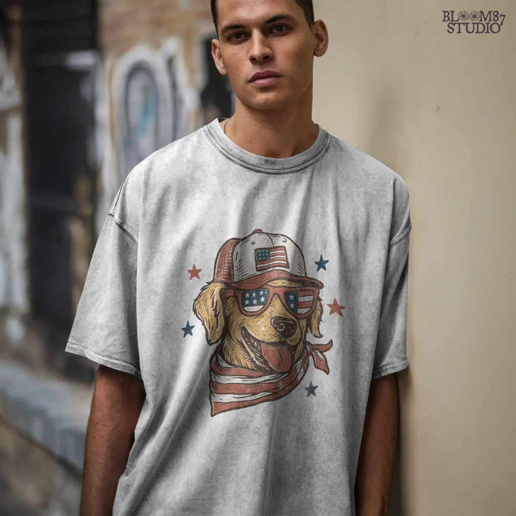 Golden Retriever Dog Wearing American Flag Sunglasses and Trucker Hat PNG for Patriotic 4th of July Sublimation