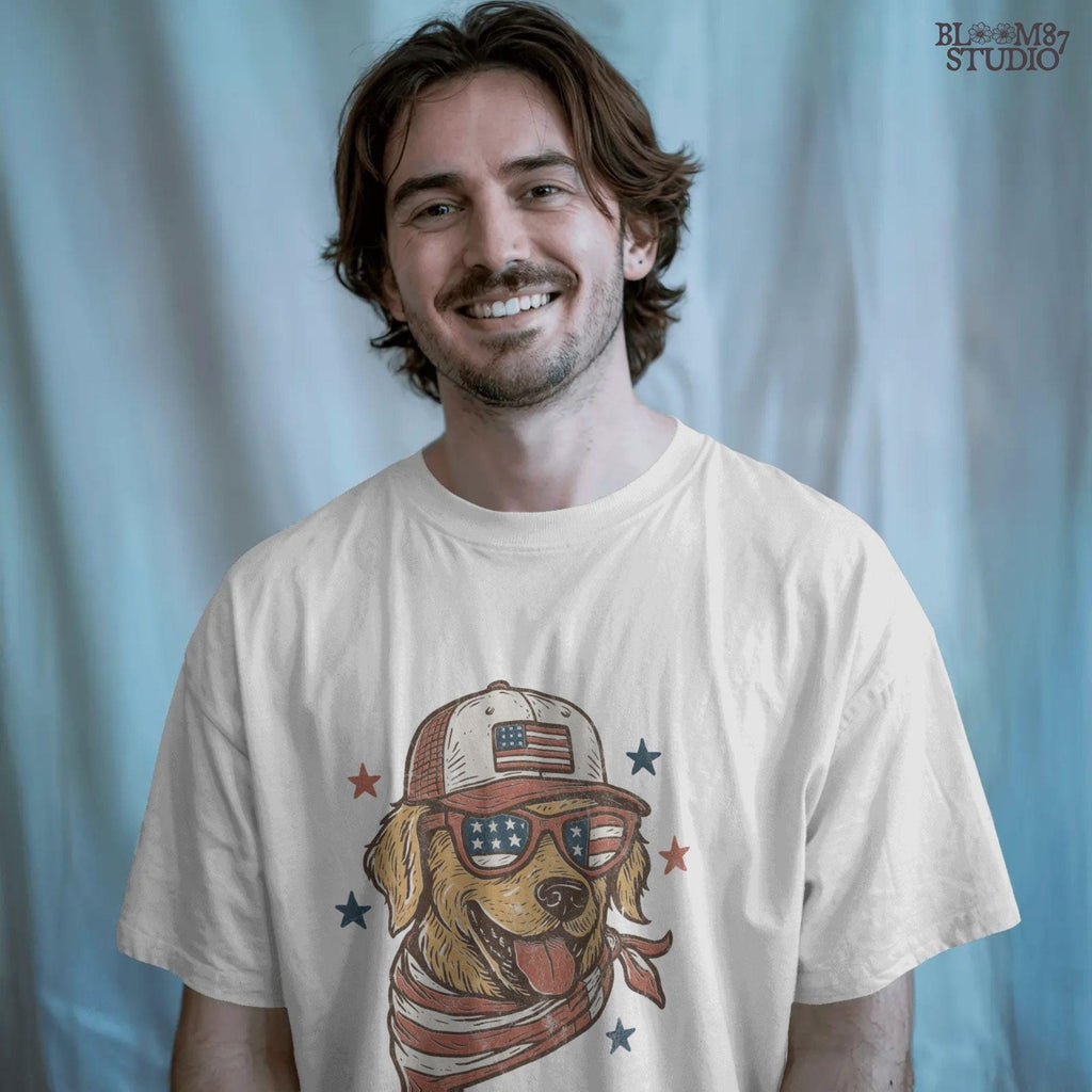 Golden Retriever Dog Wearing American Flag Sunglasses and Trucker Hat PNG for Patriotic 4th of July Sublimation
