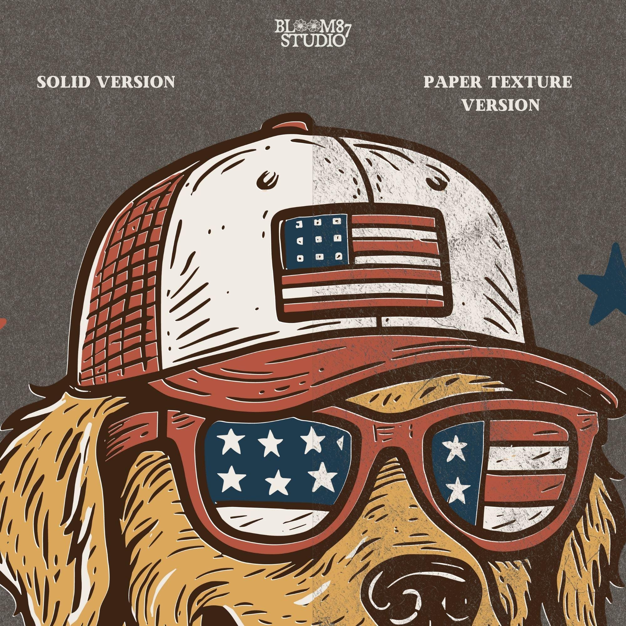 Golden Retriever Dog Wearing American Flag Sunglasses and Trucker Hat PNG for Patriotic 4th of July Sublimation