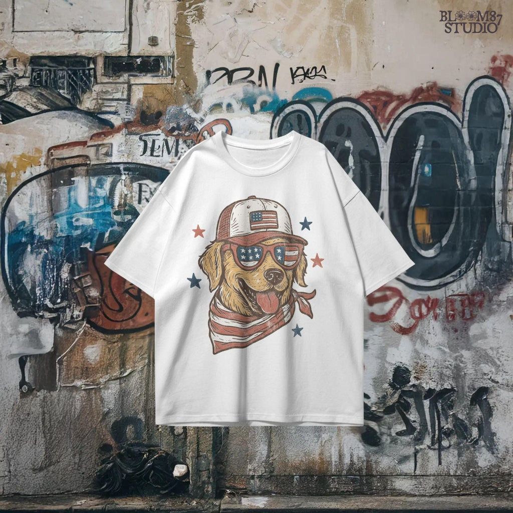 Golden Retriever Dog Wearing American Flag Sunglasses and Trucker Hat PNG for Patriotic 4th of July Sublimation