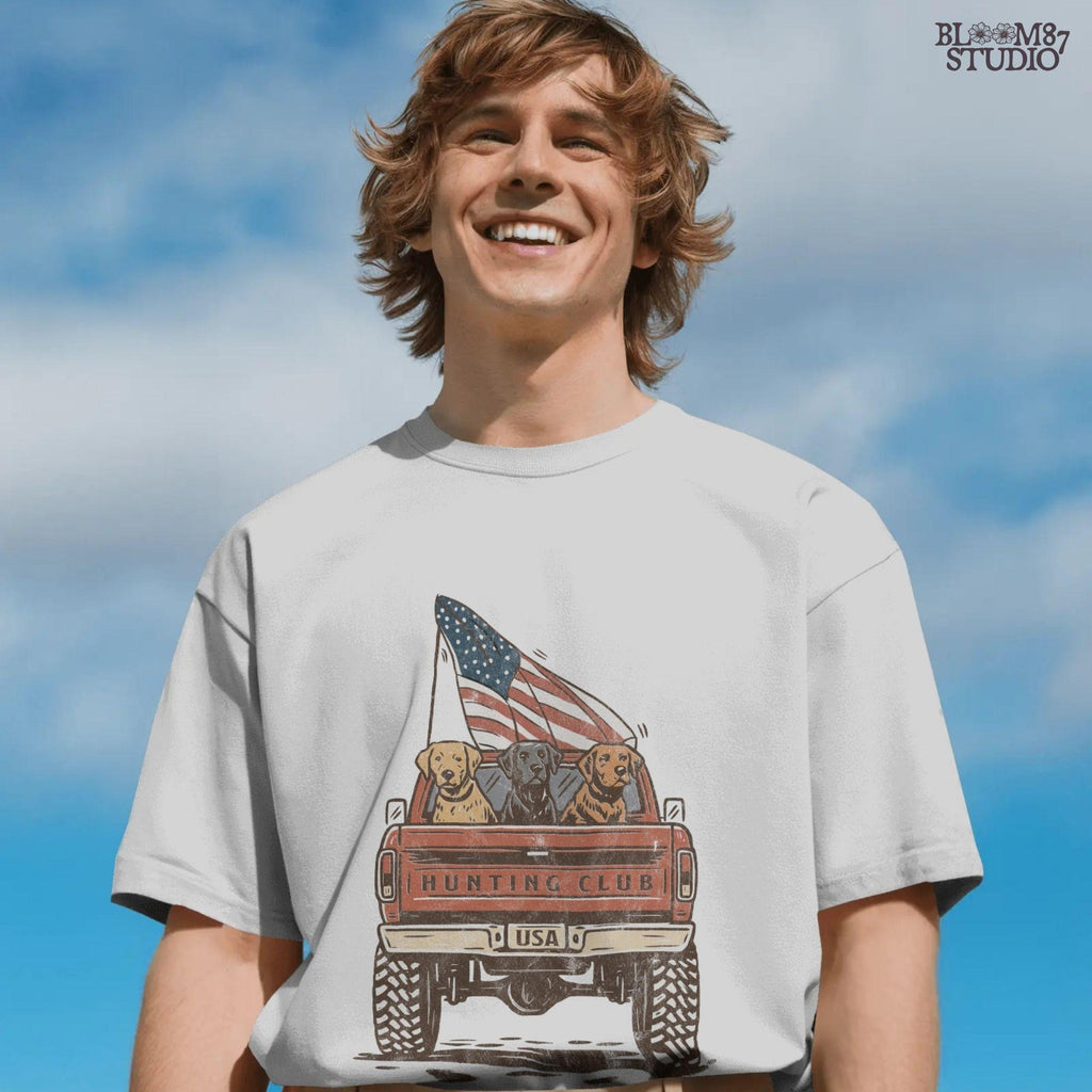 Three Labrador Dogs Riding in Pickup Truck with American Flag – Hunting Club USA PNG for Sublimation and 4th of July Crafts