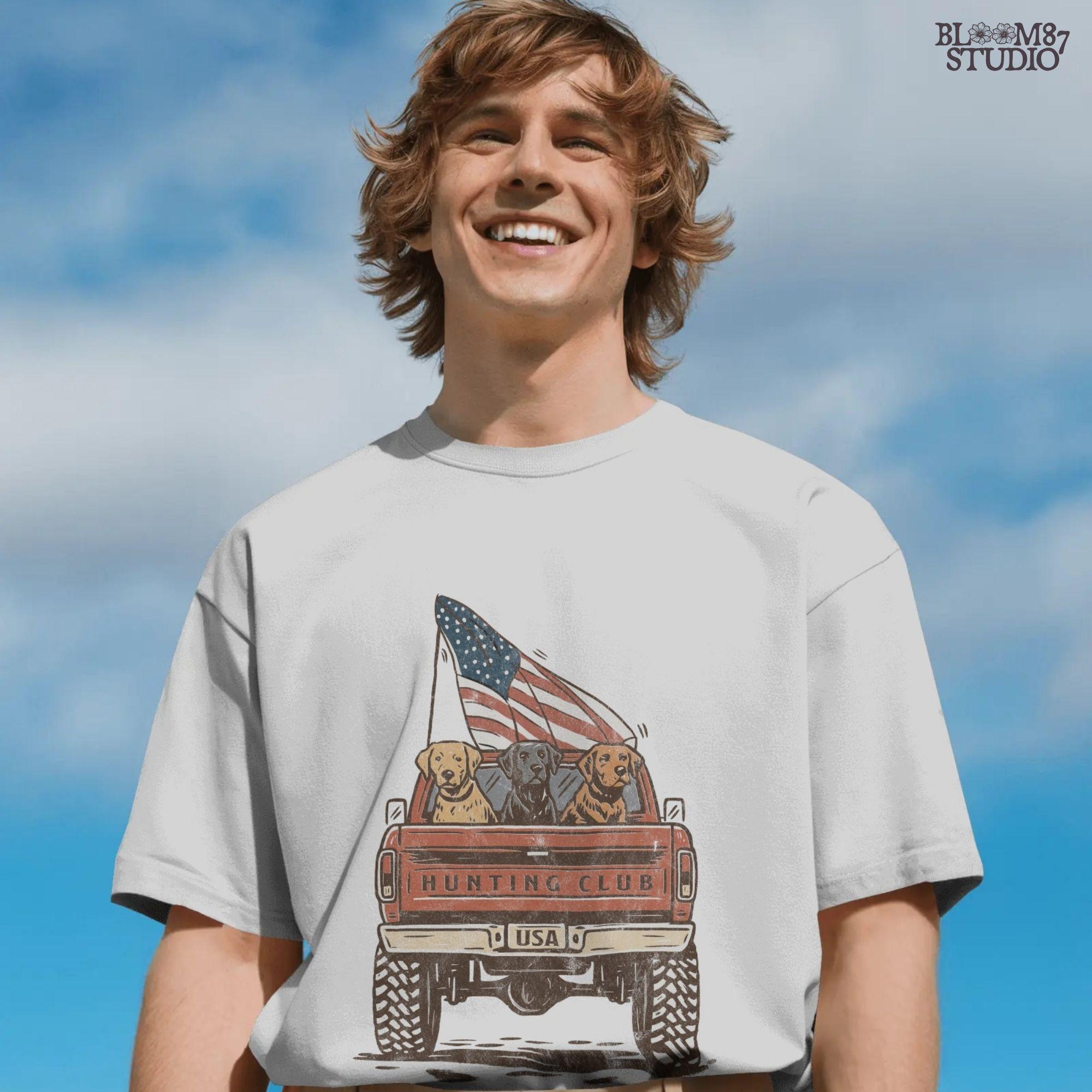 Three Labrador Dogs Riding in Pickup Truck with American Flag – Hunting Club USA PNG for Sublimation and 4th of July Crafts