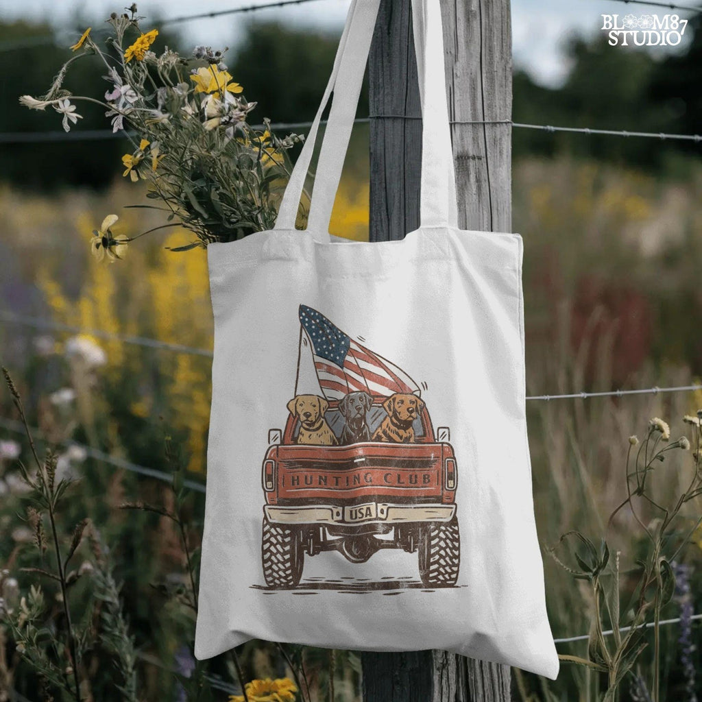 Three Labrador Dogs Riding in Pickup Truck with American Flag – Hunting Club USA PNG for Sublimation and 4th of July Crafts