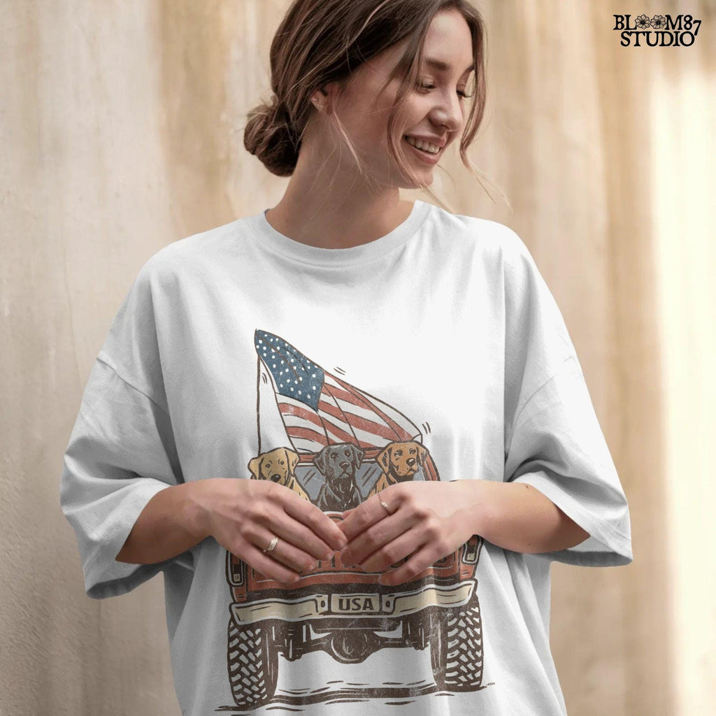 Three Labrador Dogs Riding in Pickup Truck with American Flag – Hunting Club USA PNG for Sublimation and 4th of July Crafts