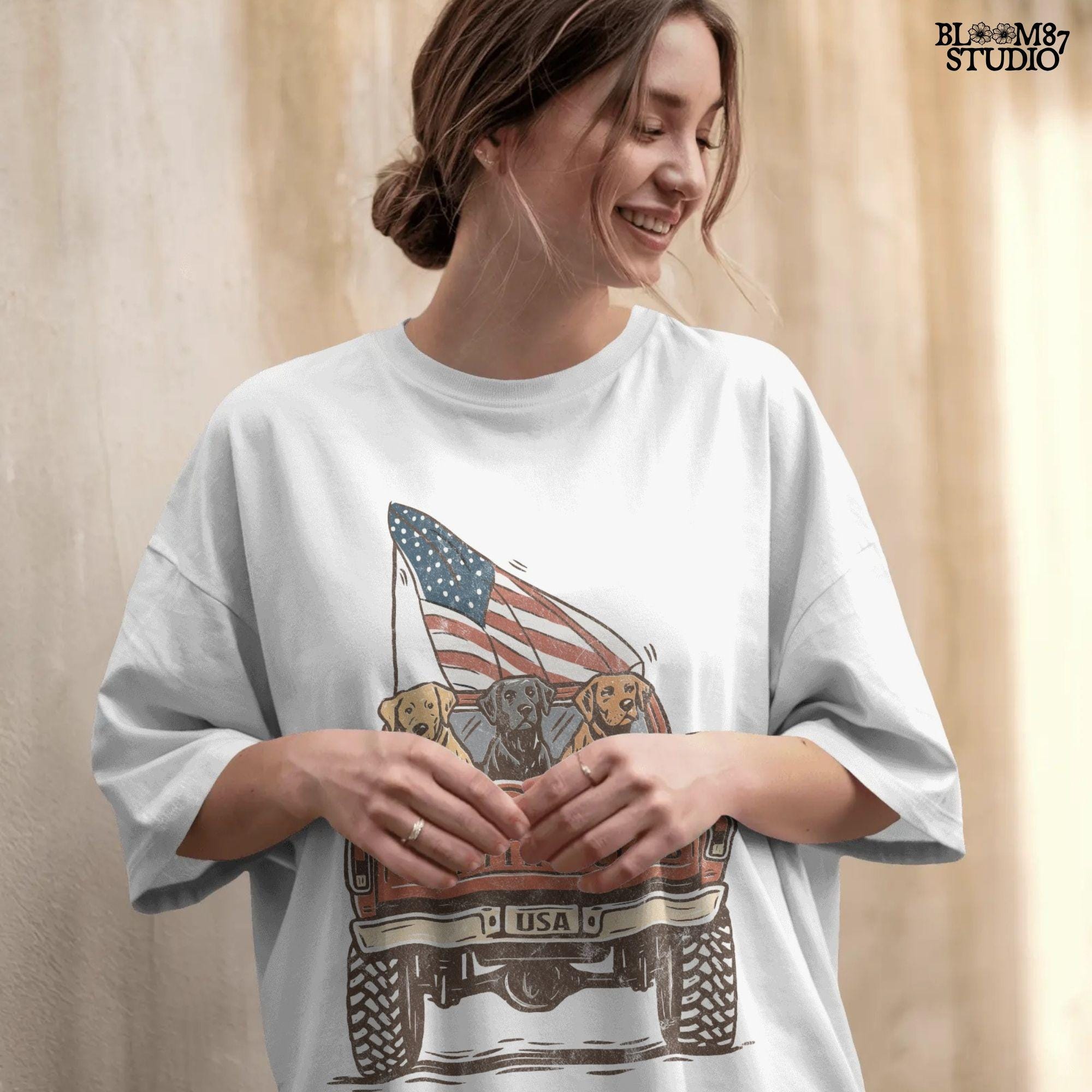 Three Labrador Dogs Riding in Pickup Truck with American Flag – Hunting Club USA PNG for Sublimation and 4th of July Crafts