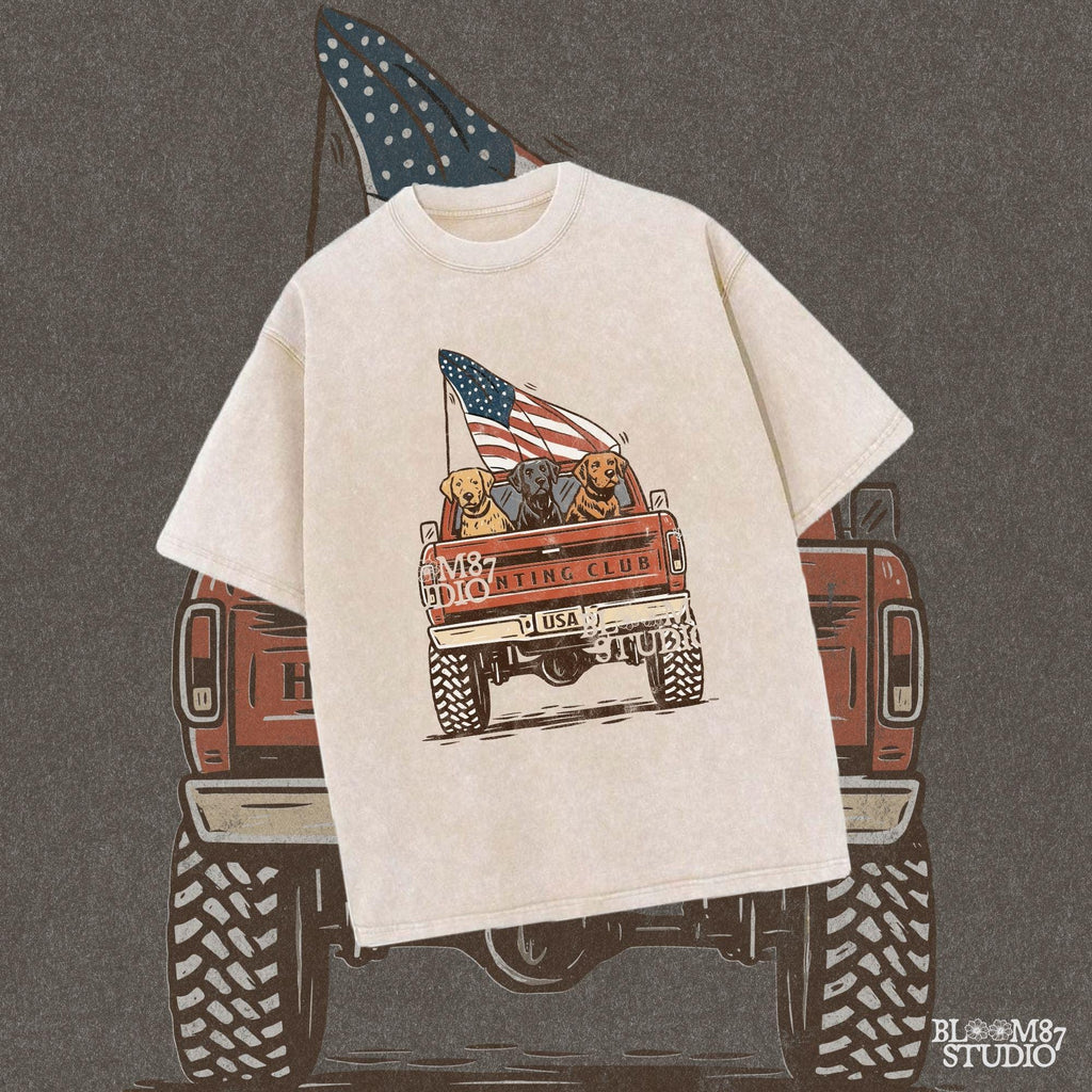 Three Labrador Dogs Riding in Pickup Truck with American Flag – Hunting Club USA PNG for Sublimation and 4th of July Crafts