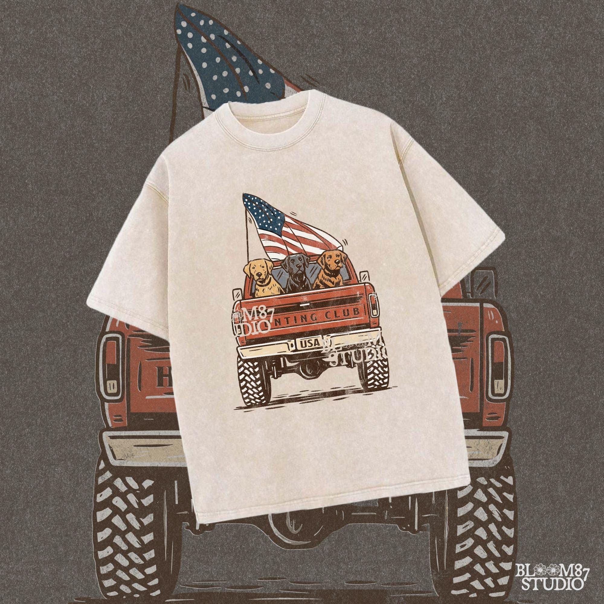 Three Labrador Dogs Riding in Pickup Truck with American Flag – Hunting Club USA PNG for Sublimation and 4th of July Crafts