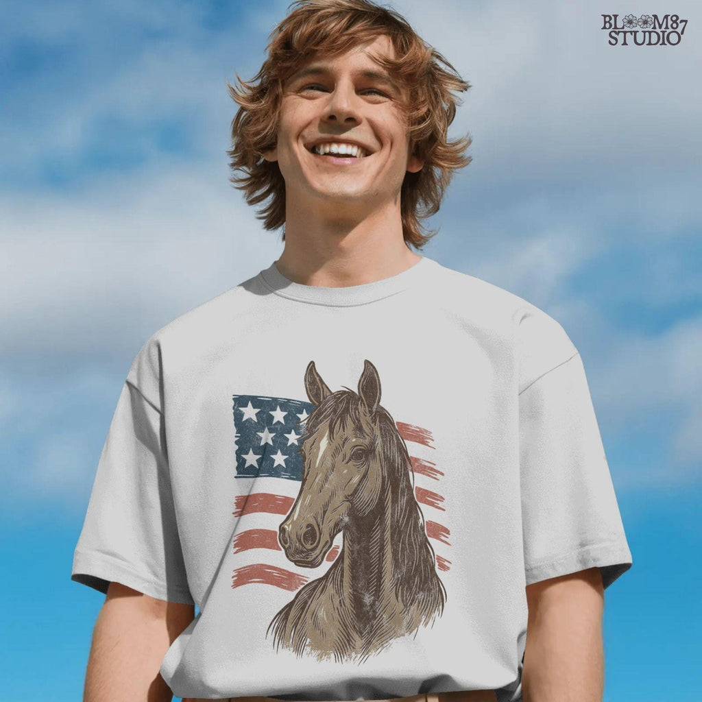 Brown horse head over distressed American flag background – Patriotic western PNG for 4th of July sublimation and cowboy crafts