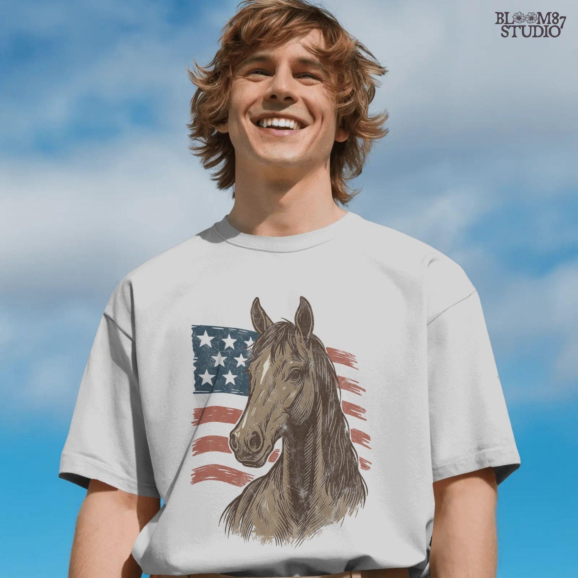 Brown horse head over distressed American flag background – Patriotic western PNG for 4th of July sublimation and cowboy crafts