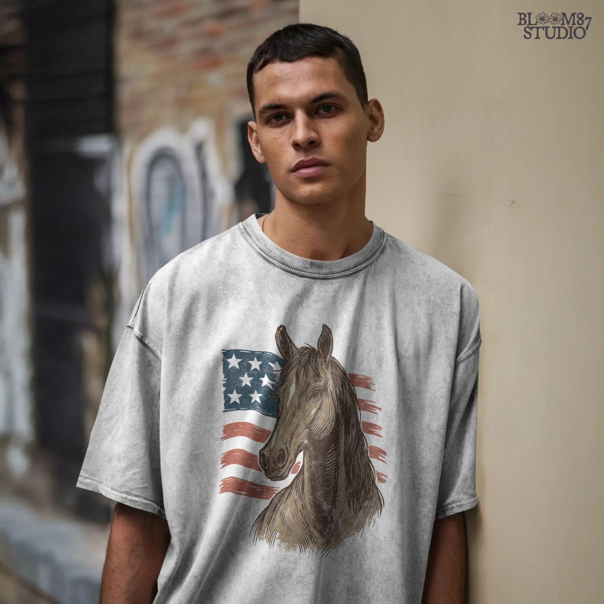 Brown horse head over distressed American flag background – Patriotic western PNG for 4th of July sublimation and cowboy crafts