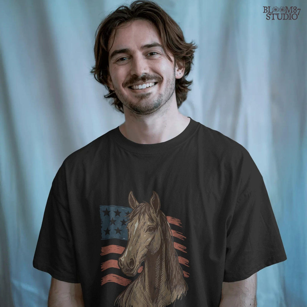 Brown horse head over distressed American flag background – Patriotic western PNG for 4th of July sublimation and cowboy crafts